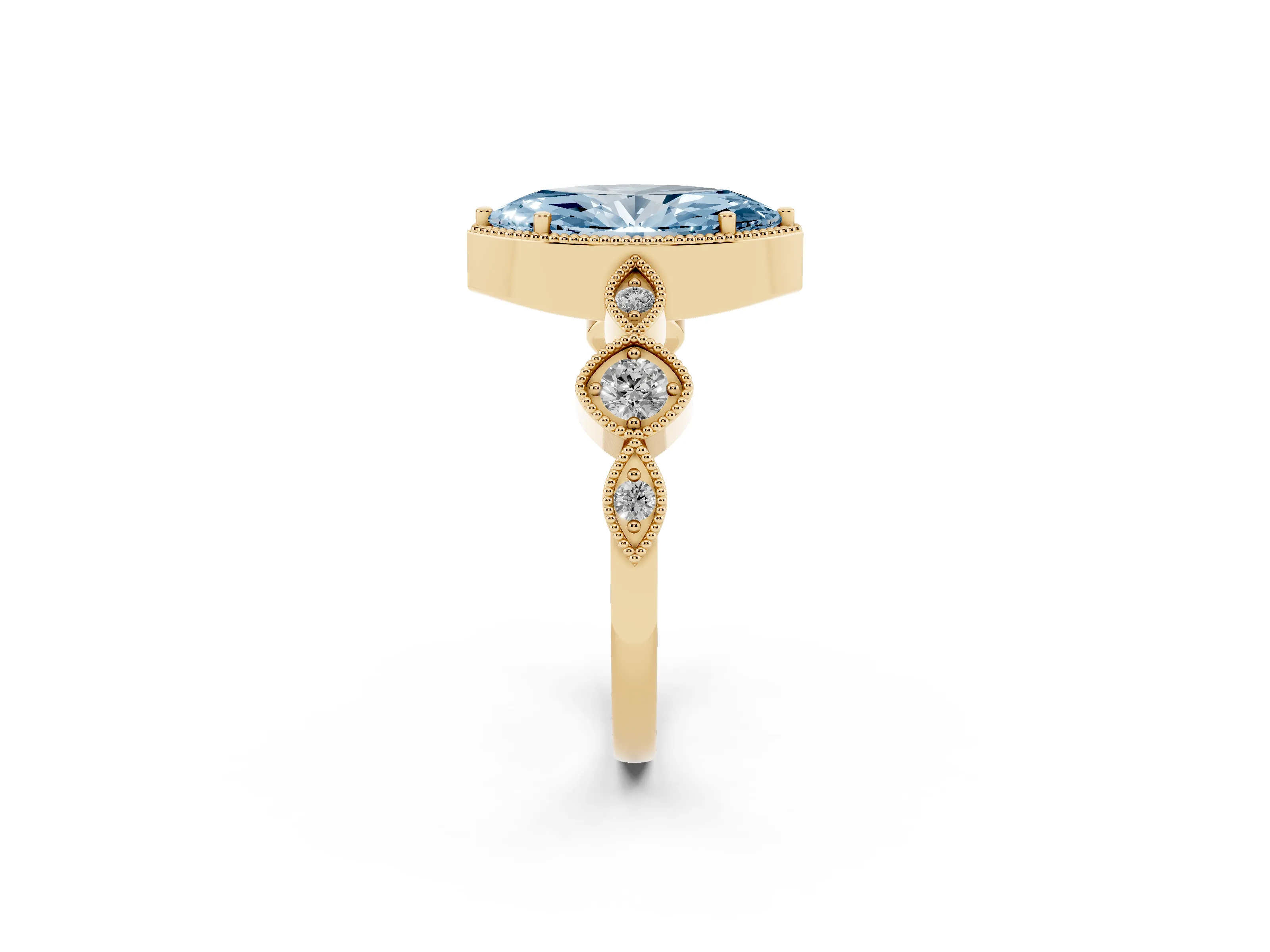 Fancy Blue Marquise Cut Diamond Vintage-Inspired Milgrain Ring Set in Yellow gold with Marquise Stations of Round Accents