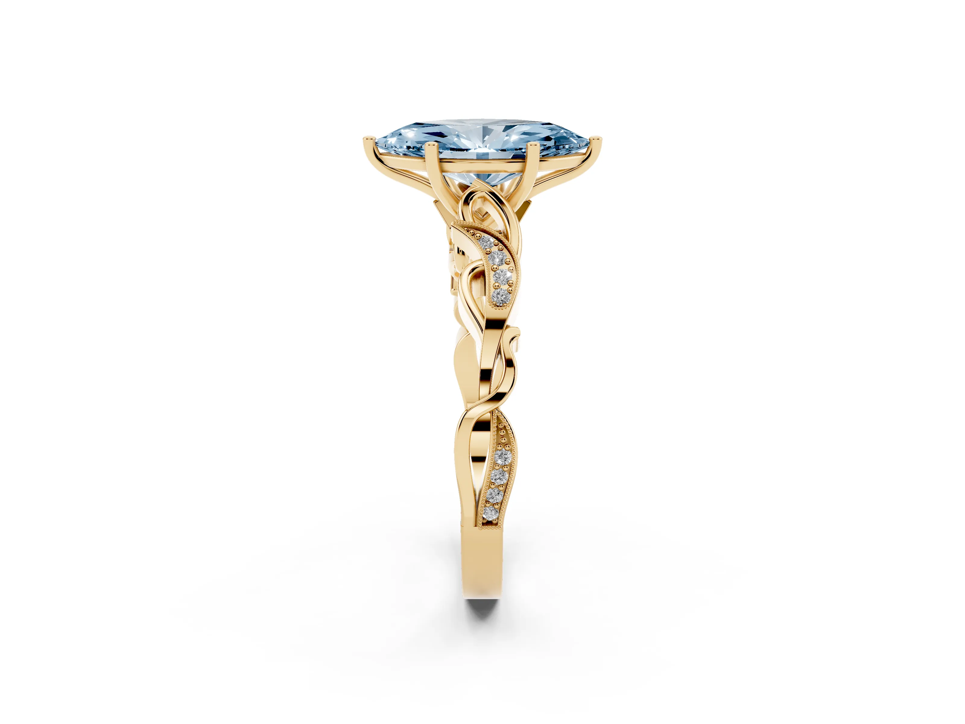Fancy Blue Marquise Cut Diamond Vine Band Solitaire Ring Set in Yellow gold with Milgrain Prong Setting