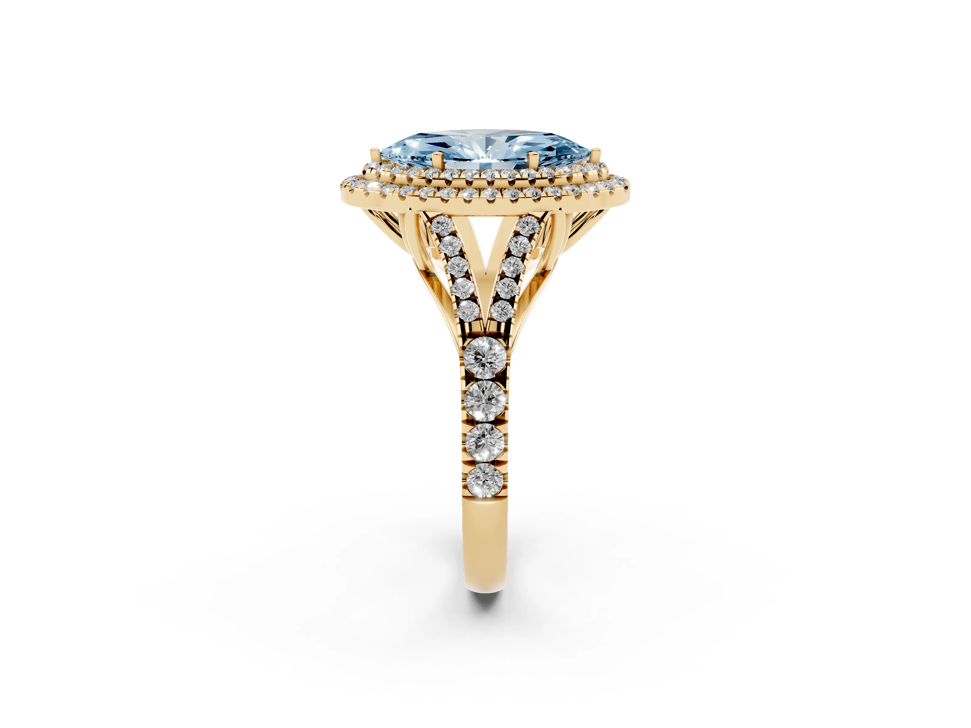 Fancy Blue Marquise Cut Diamond Pavé Split Shank Double Halo Engagement Ring Set in Yellow gold