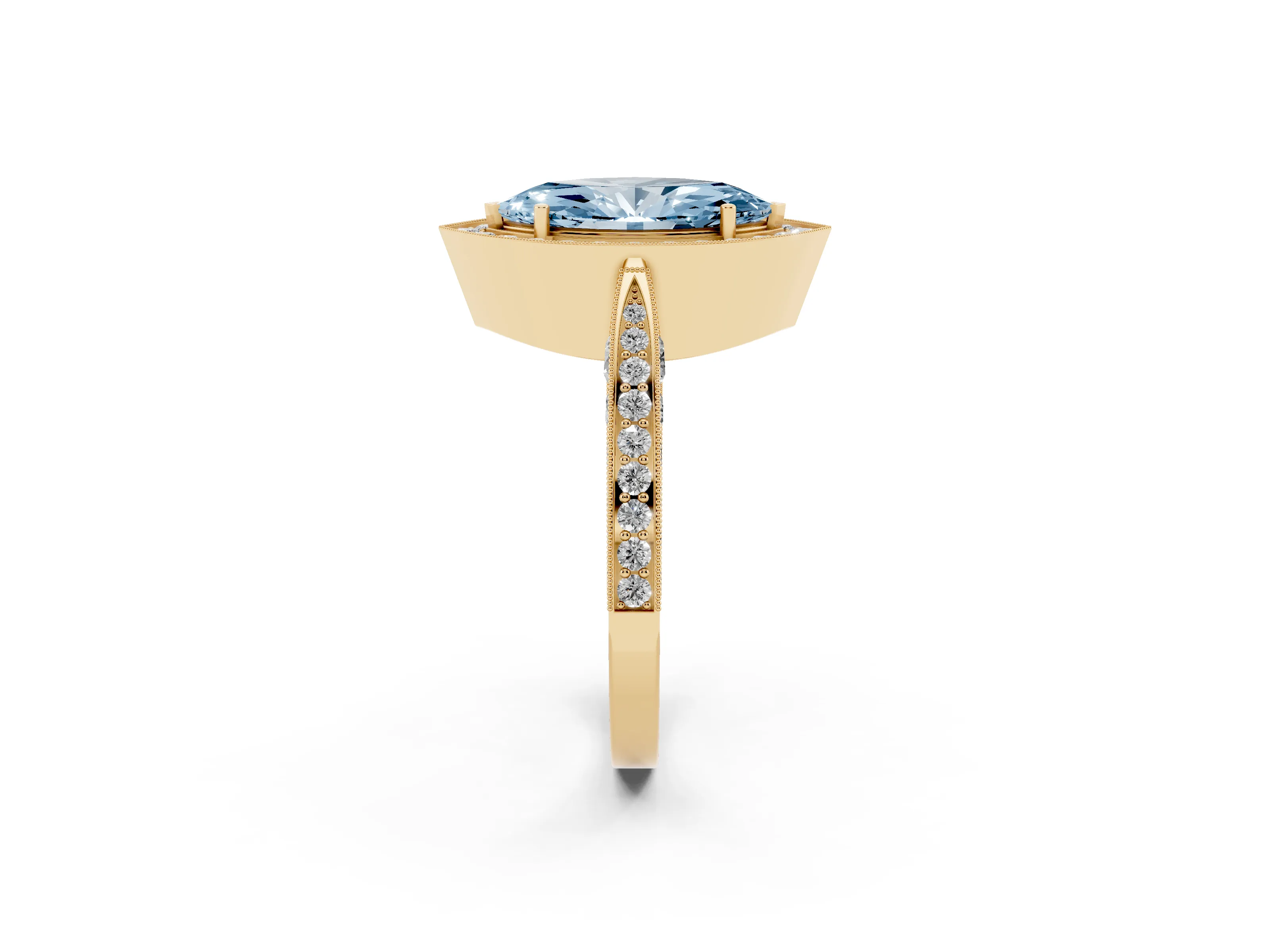 Fancy Blue Marquise Cut Diamond Halo Engagement Ring Set in Yellow gold with Accent Split Shank Band
