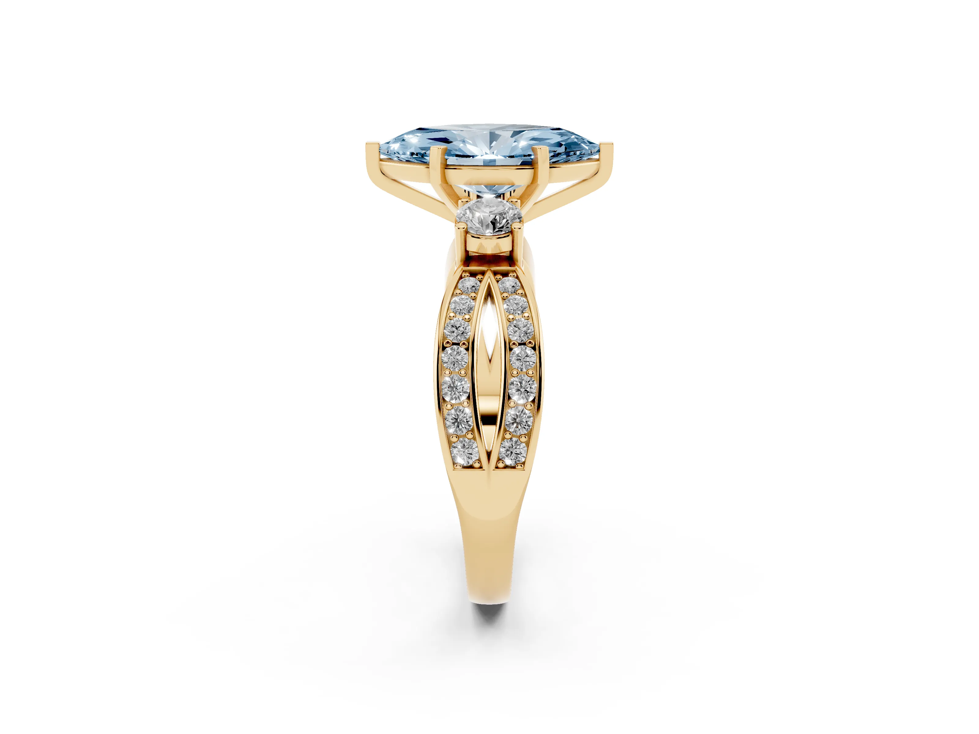 Fancy Blue Three-Stone Marquise Cut Diamond Twist Band Ring Set in Yellow gold with Pavé Accents and Prong Setting
