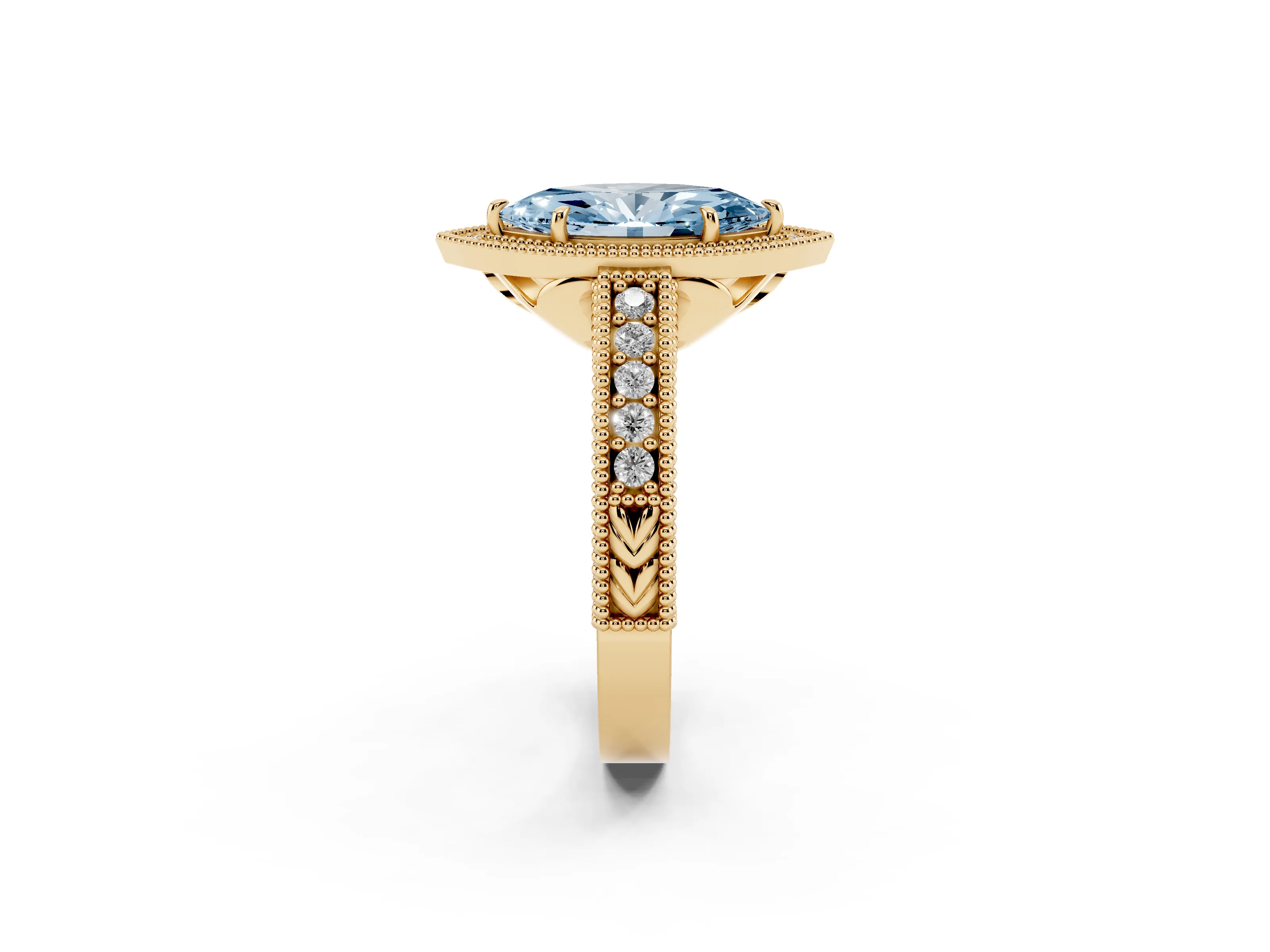 Fancy Blue Marquise Cut Diamond Halo Ring Set in Yellow gold with Round Accent Halo, Pavé Band and Prong Setting