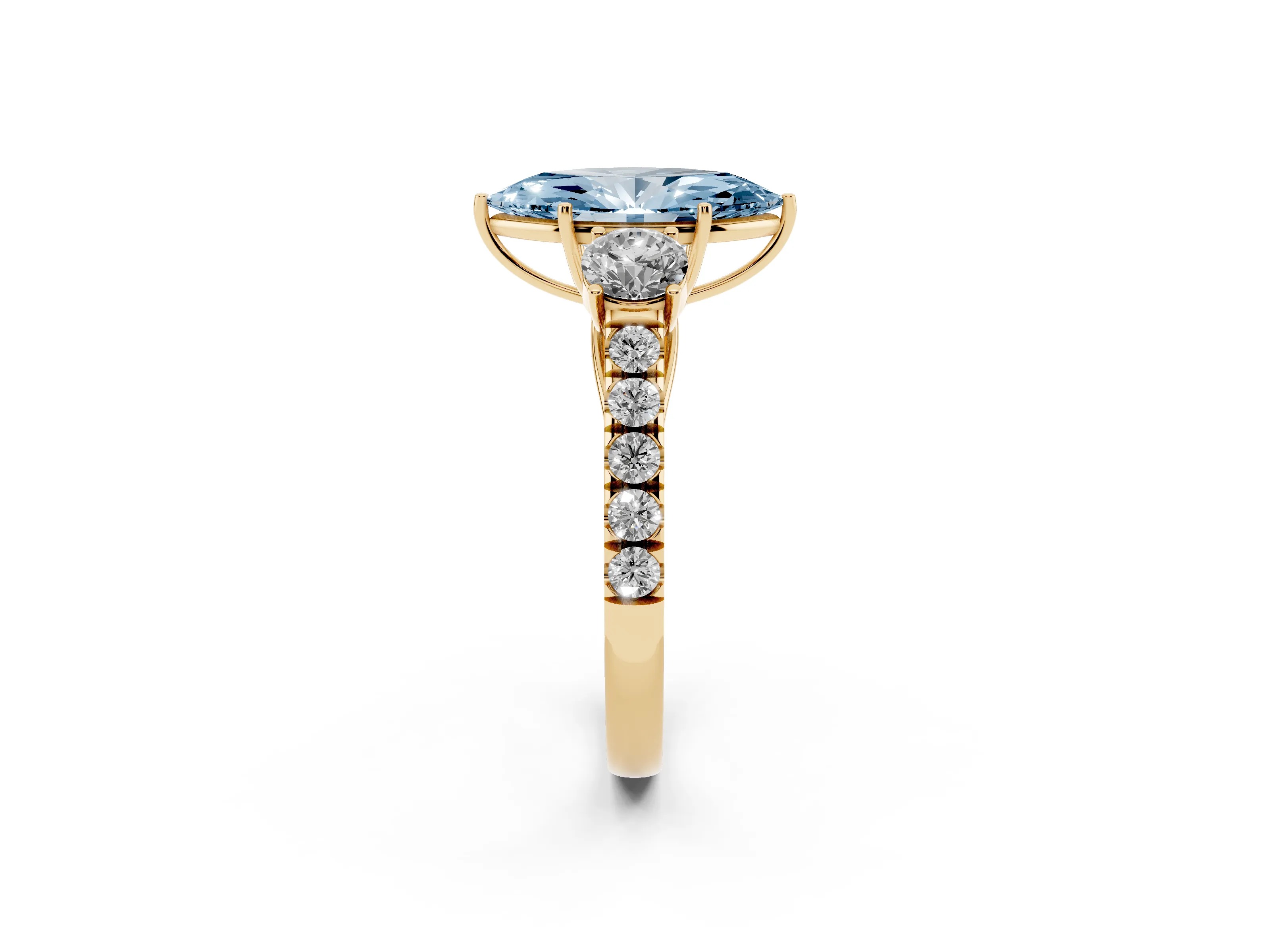 Fancy Blue Marquise Cut Diamond Three-Stone Ring Set in Yellow gold with Round Side Stones and Delicate Pavé Band