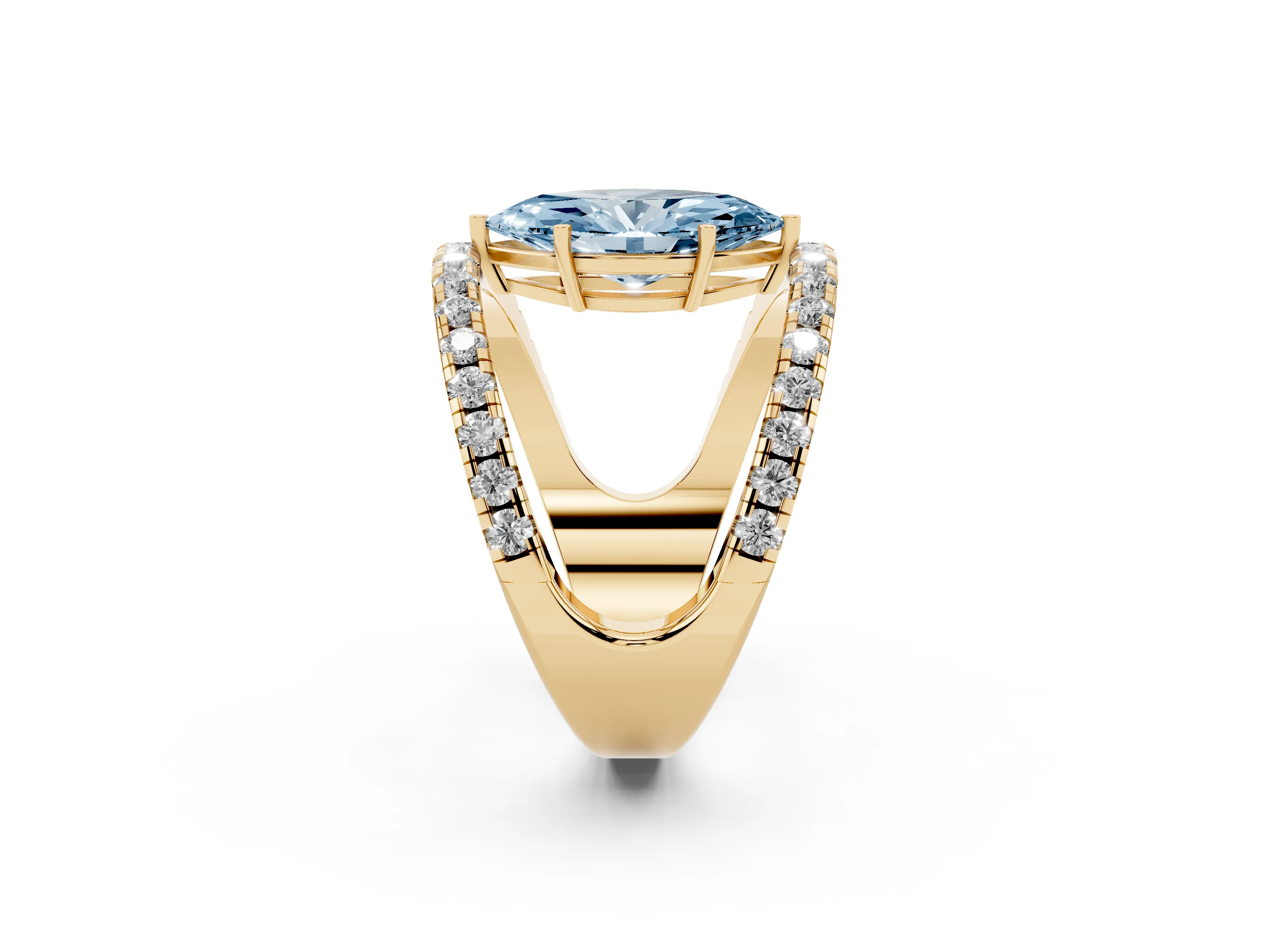 Fancy Blue Marquise Cut Diamond Split Shank Pavé Solitaire Ring Set in Yellow gold with Open Shank Design