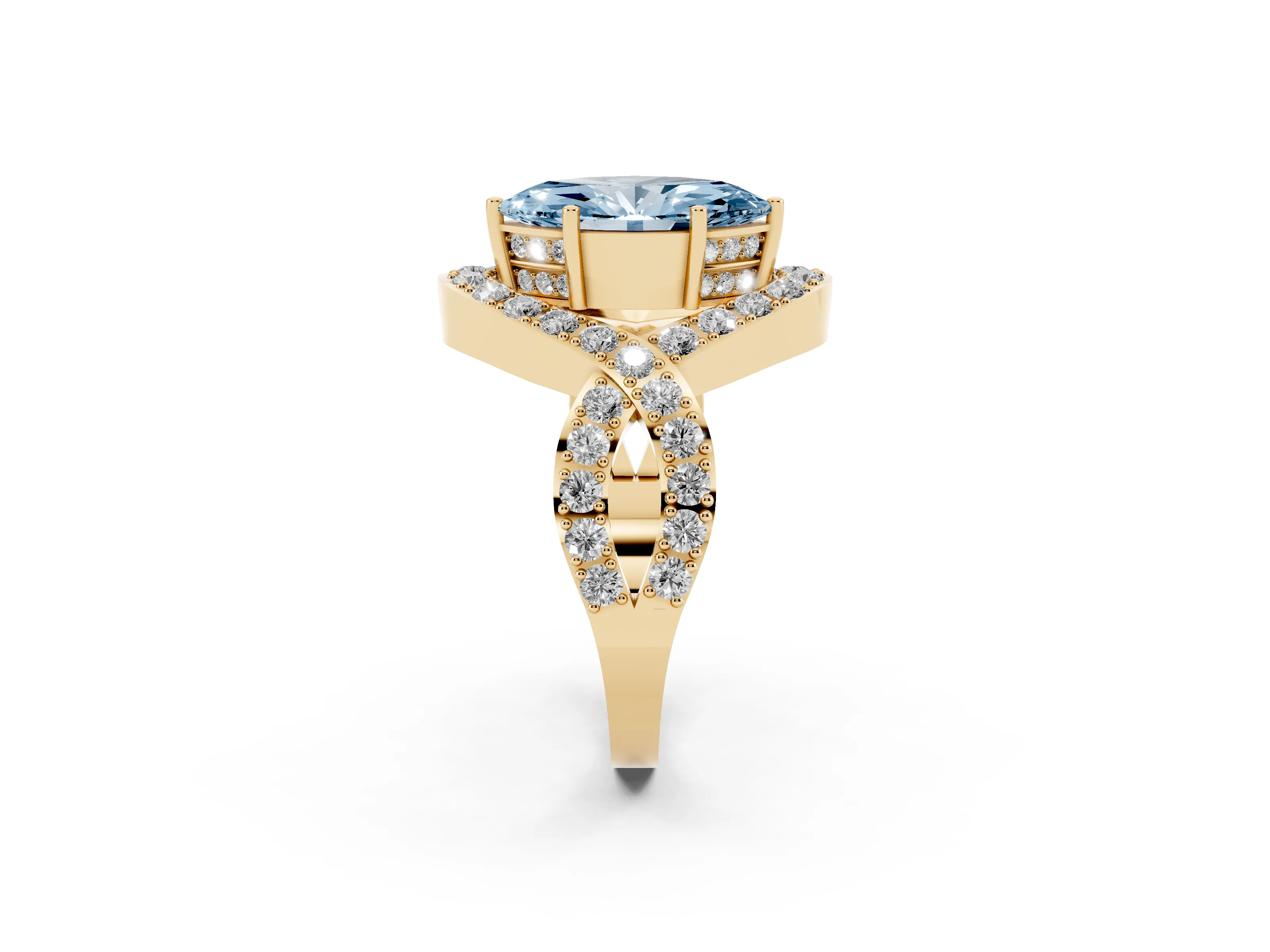 Fancy Blue Marquise Cut Diamond Solitaire Twist Band Pavé Engagement Ring Set in Yellow gold