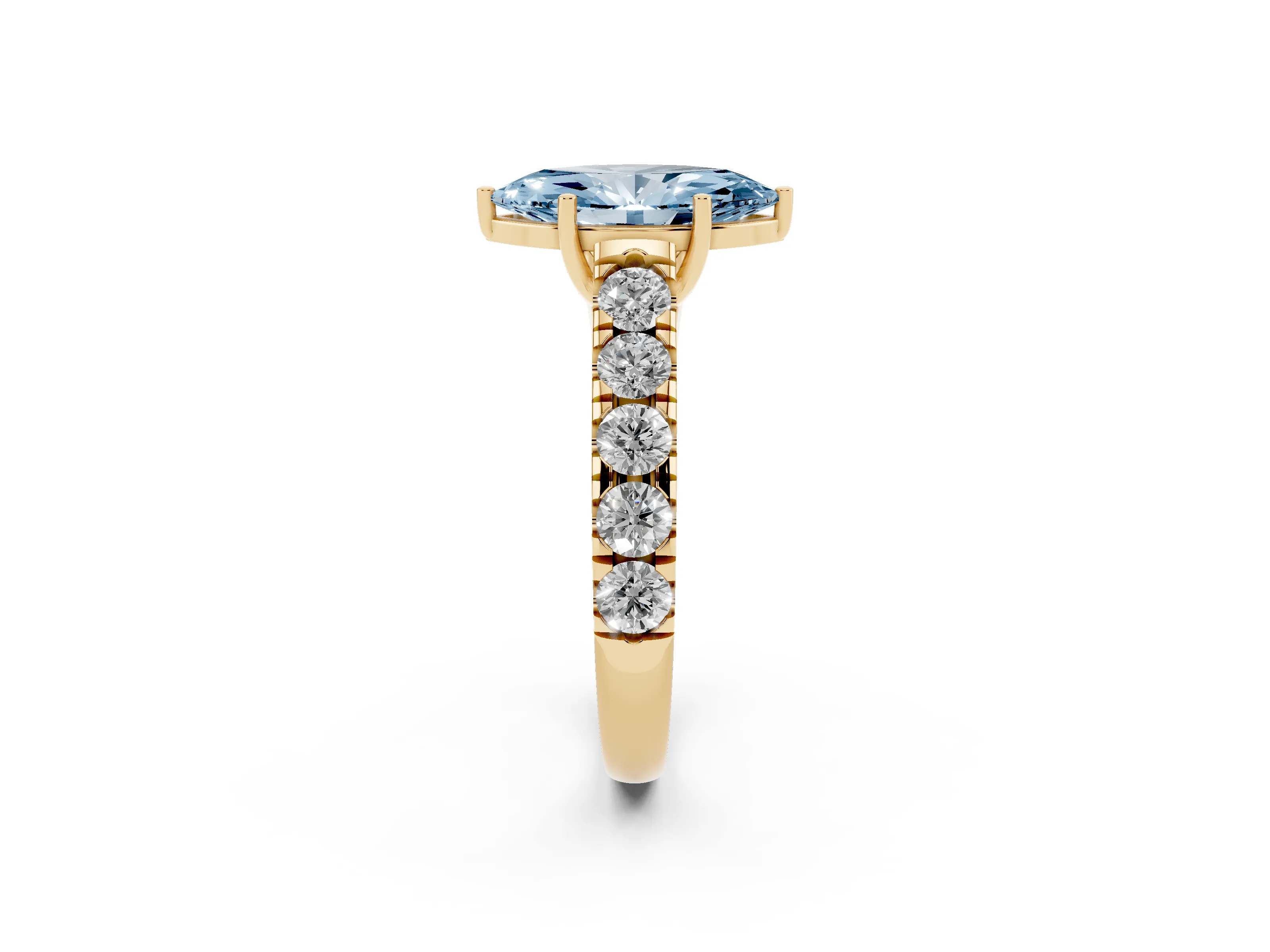 Fancy Blue Marquise Cut Diamond Solitaire Ring Set in Yellow gold with Cut-Down Micro Pavé Band and Prong Setting