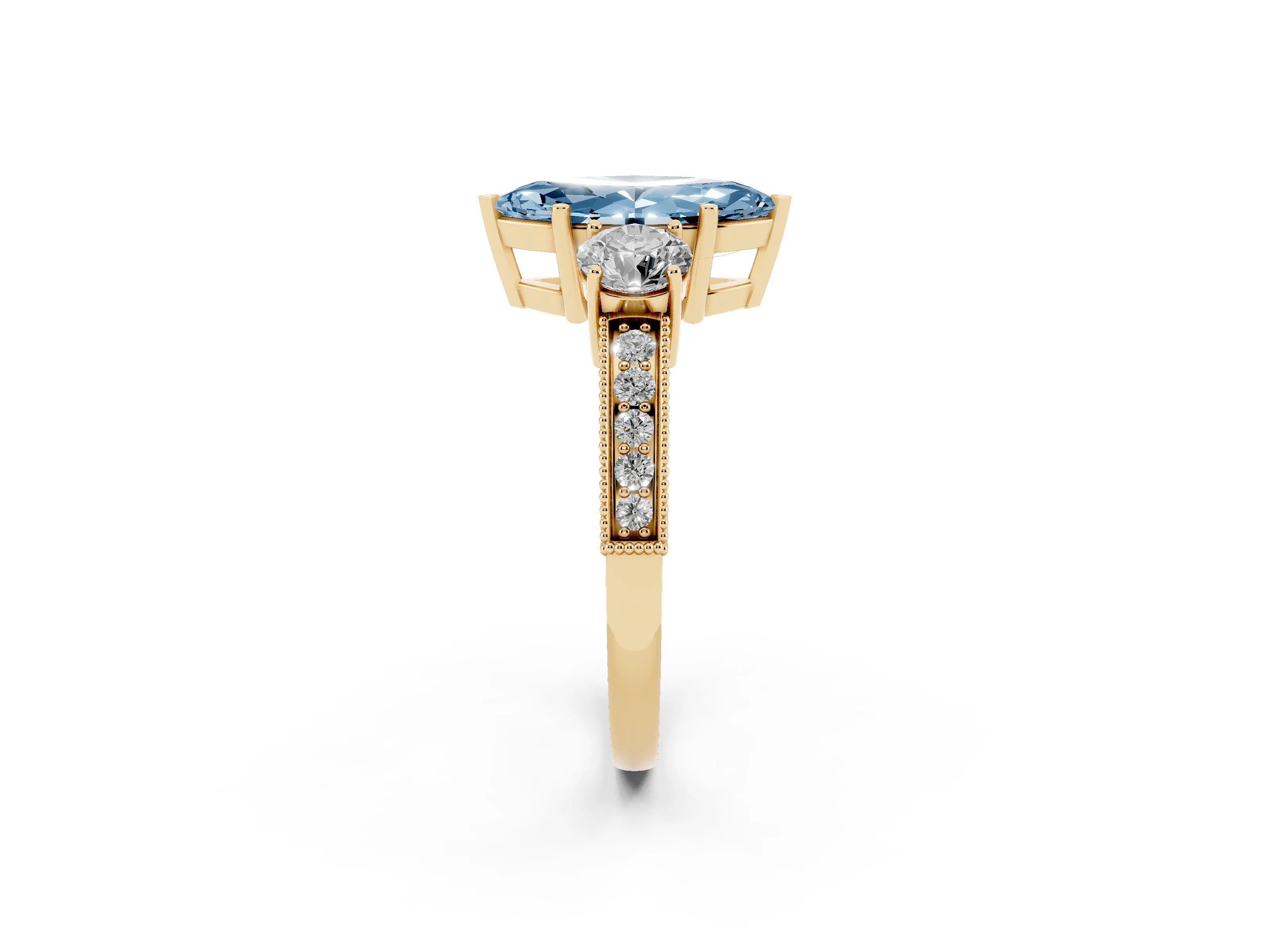 Fancy Blue Marquise Cut Diamond Three-Stone Ring Set in Yellow gold with Round Side Stones and Pavé Band