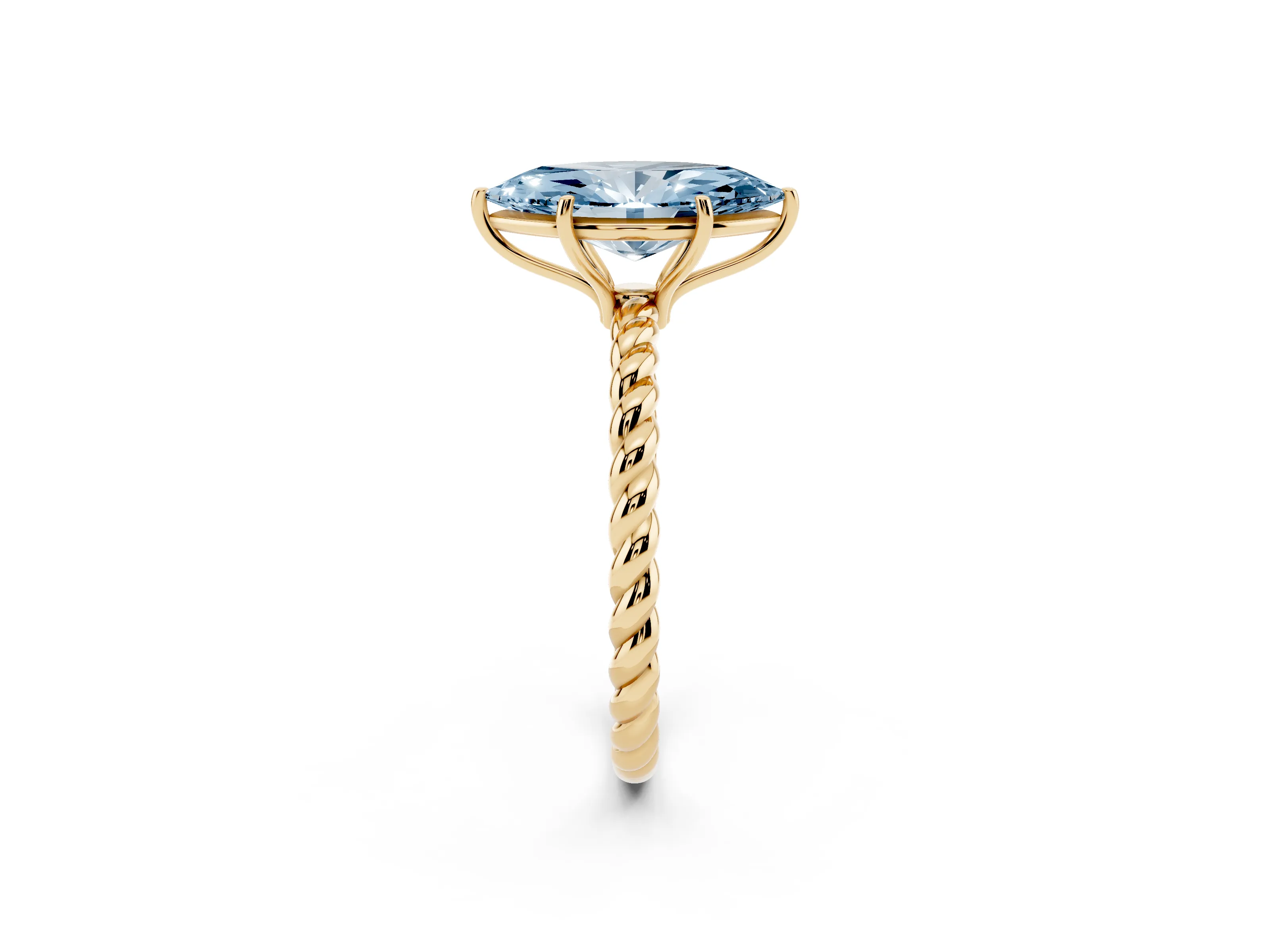 Fancy Blue Marquise Cut Diamond Solitaire Ring Set in Yellow gold with Twist Band and Prong Setting