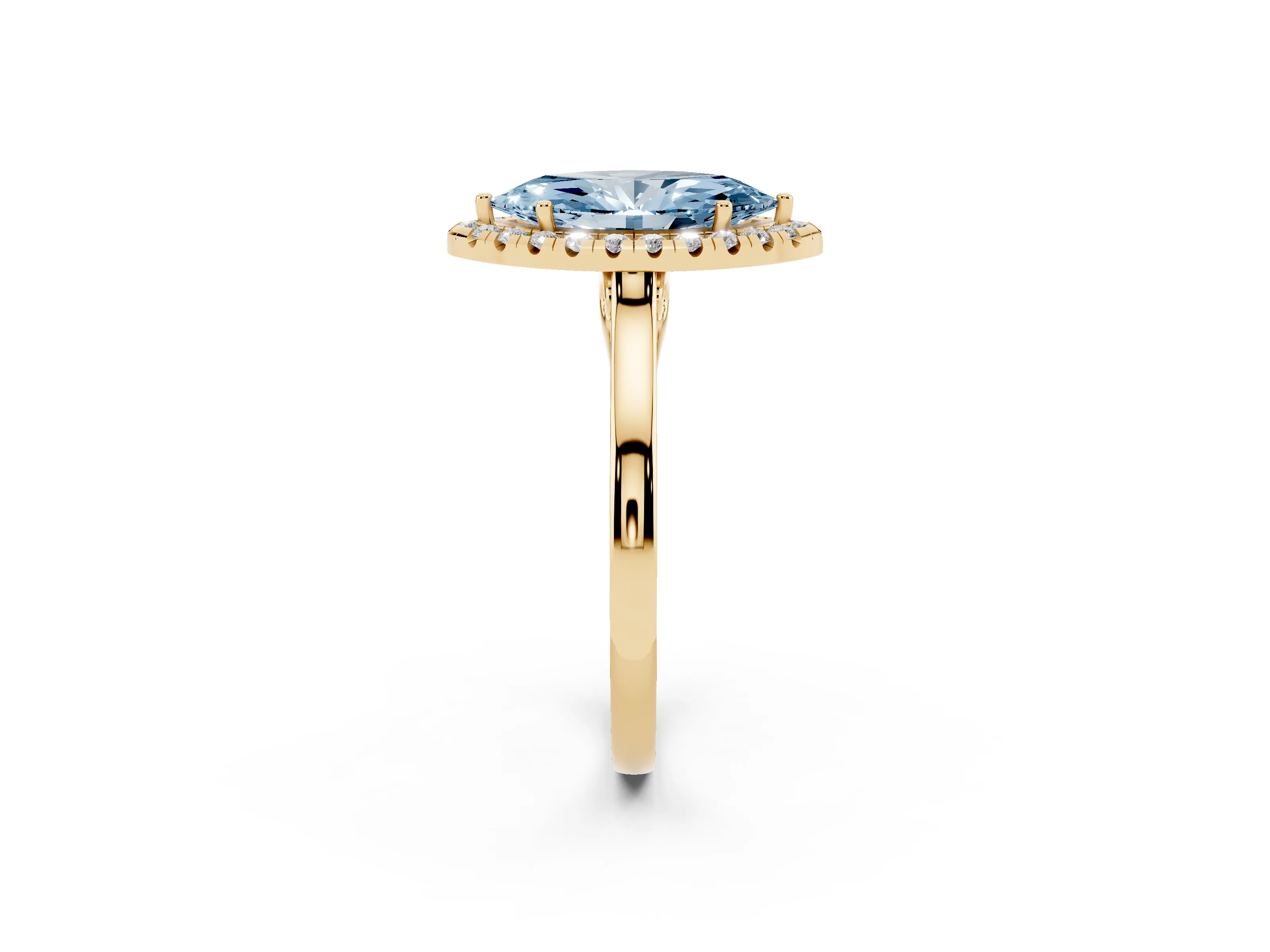 Fancy Blue Marquise Cut Halo Round Diamond Solitaire Ring Set in Yellow gold with Pavé Band and Prong Setting
