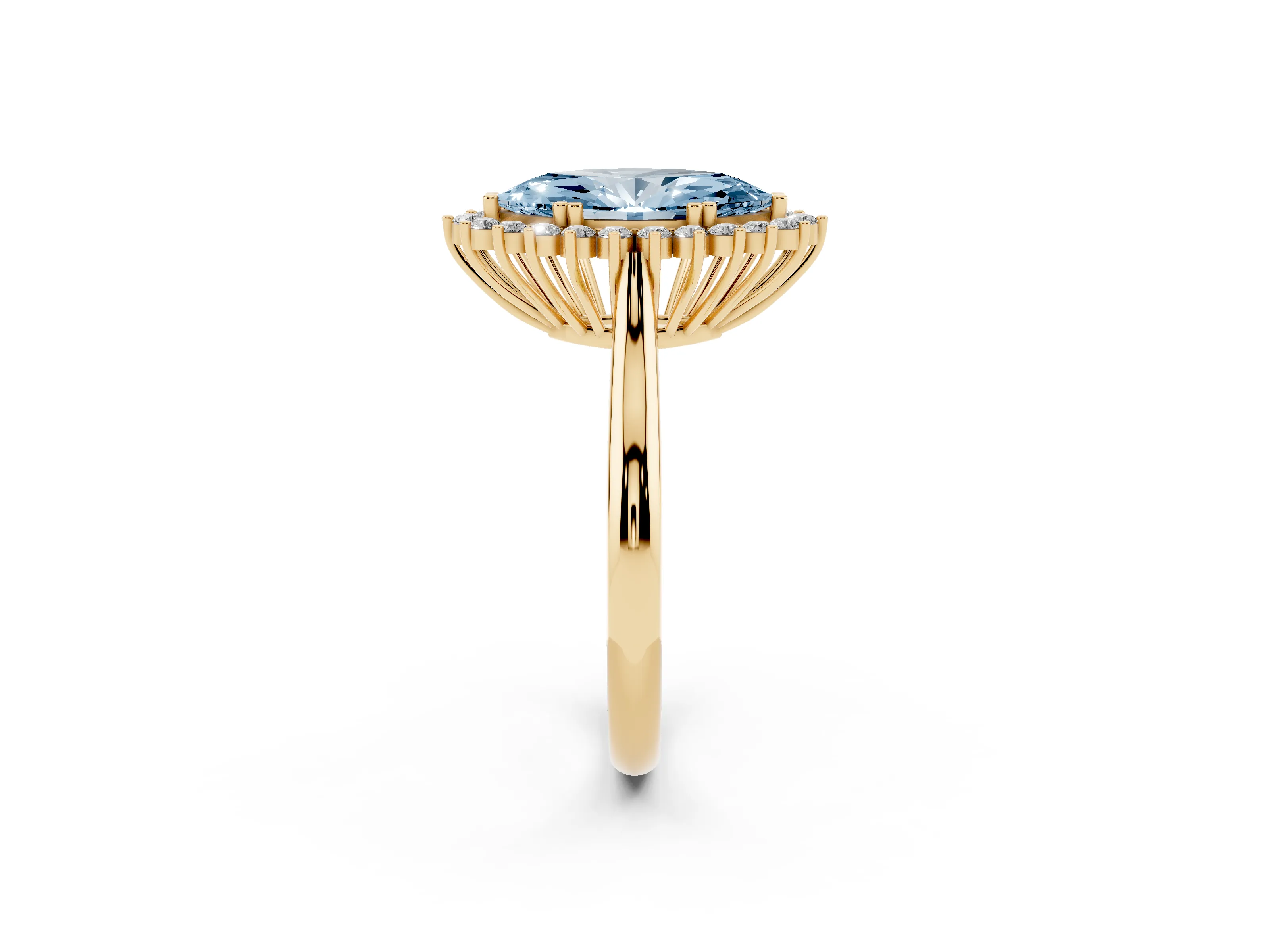 Fancy Blue Marquise Cut Diamond Halo Ring Set in Yellow gold with Plain Solitaire Band and Prong Setting