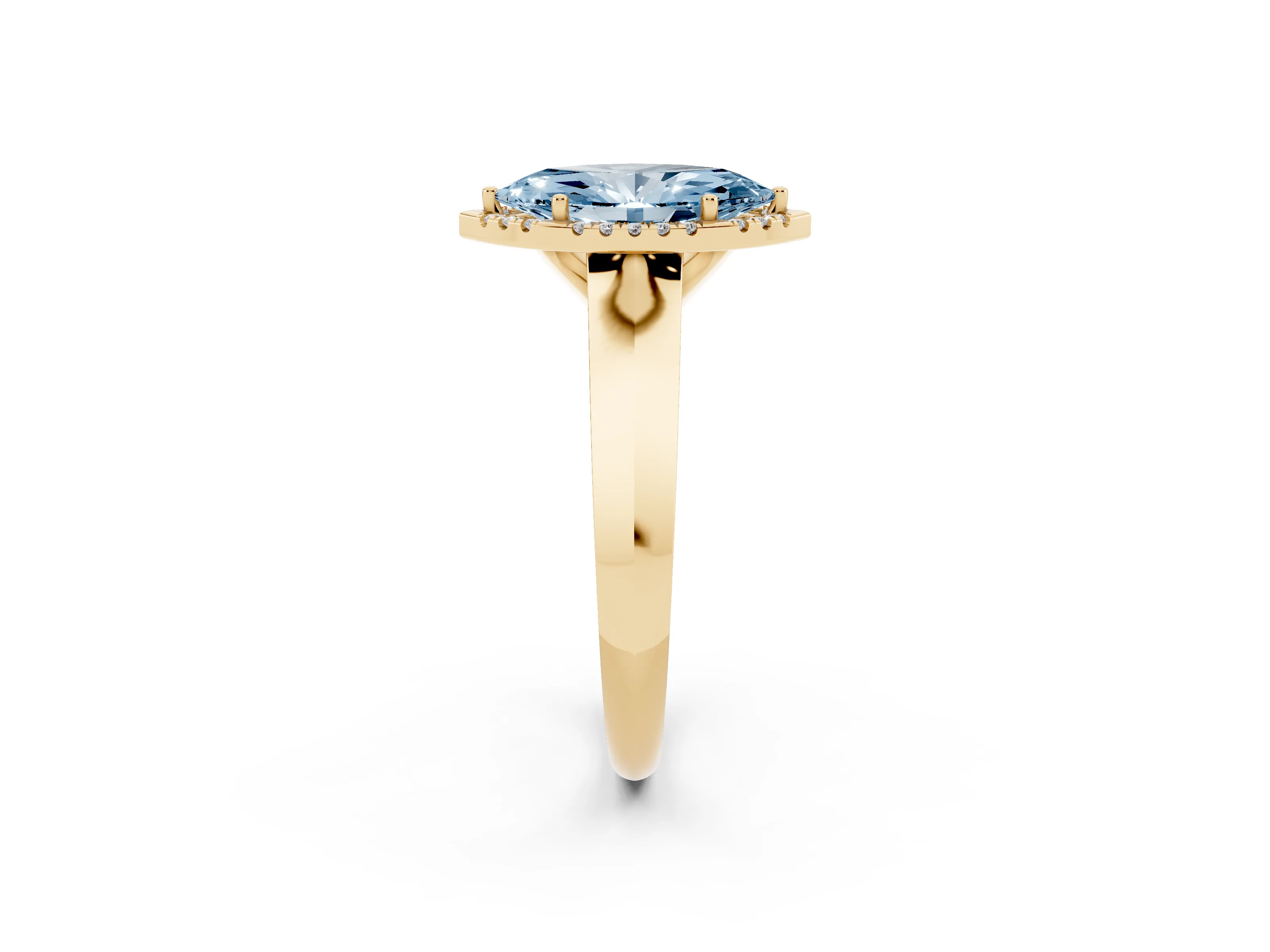 Fancy Blue Marquise Cut Diamond Halo Ring Set in Yellow gold with Cathedral Band and Prong Setting