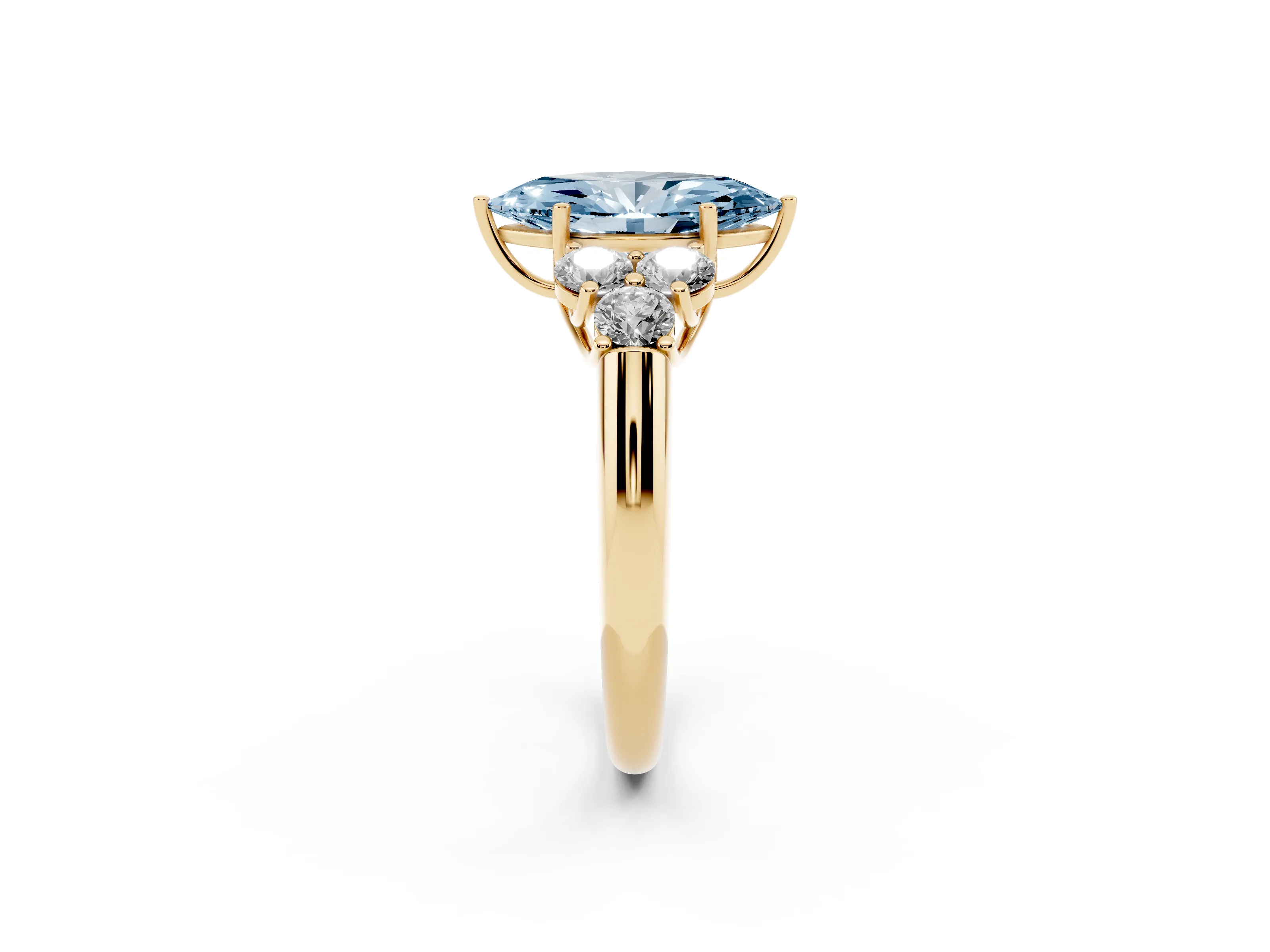 Fancy Blue Marquise Cut Diamond Cluster Ring Set in Yellow gold with Round Accent Stones and Prong Setting on a Plain Band