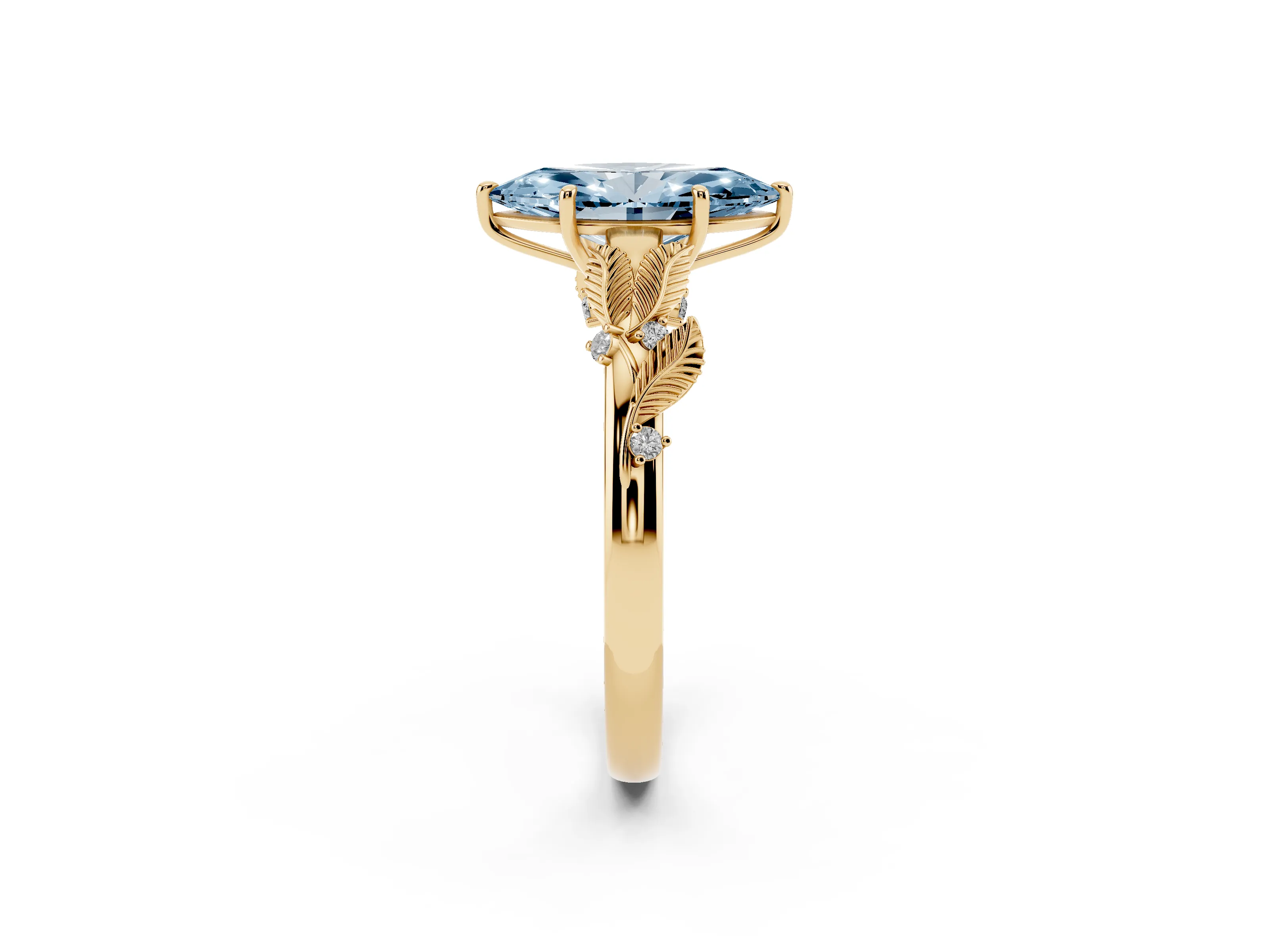 Fancy Blue Marquise Cut Diamond Solitaire Ring Set in Yellow gold with Leaf Motif Band