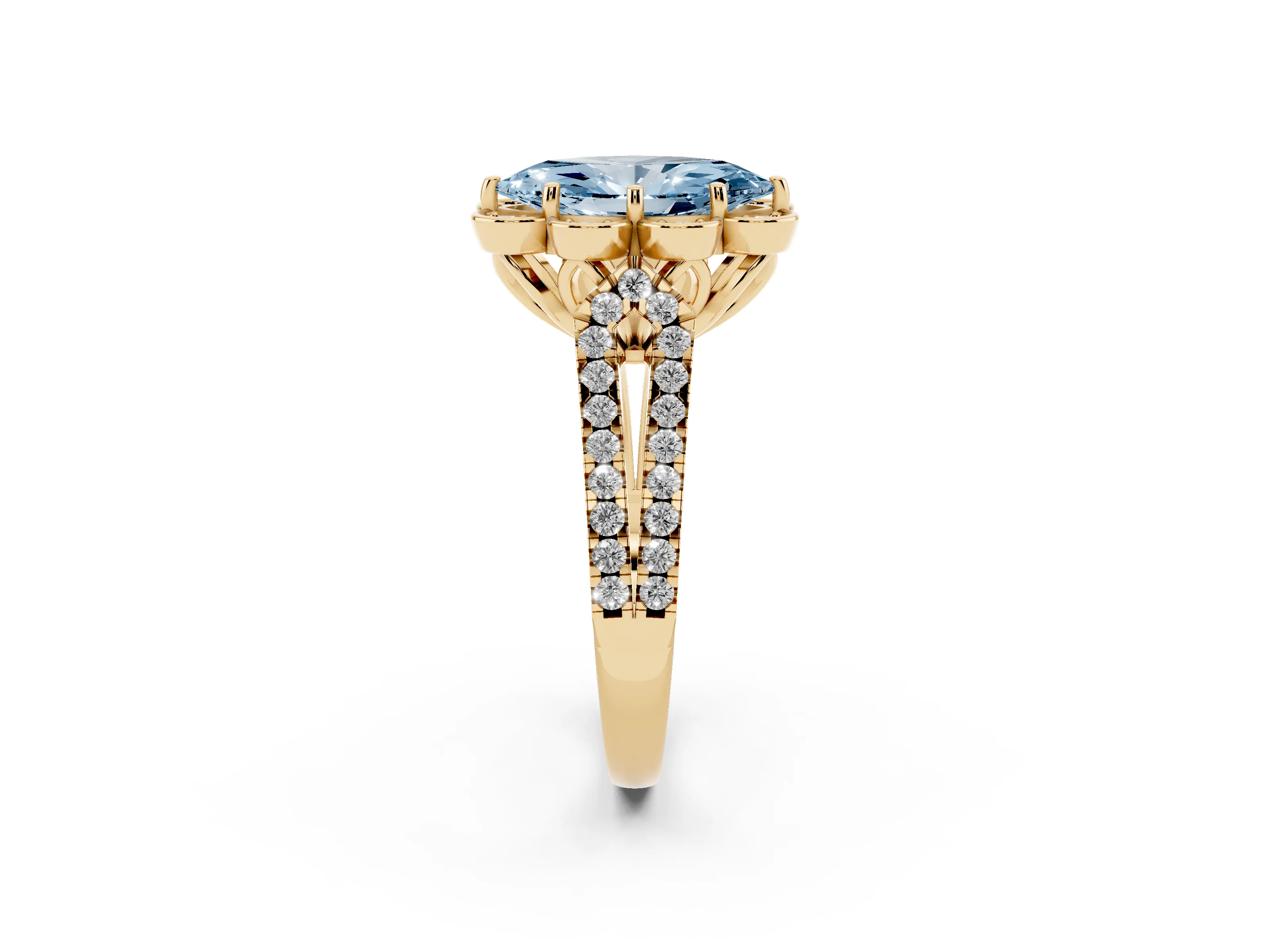 Fancy Blue Marquise Cut Diamond Floral Halo Split Shank Engagement Ring Set in Yellow gold with Pavé Shank