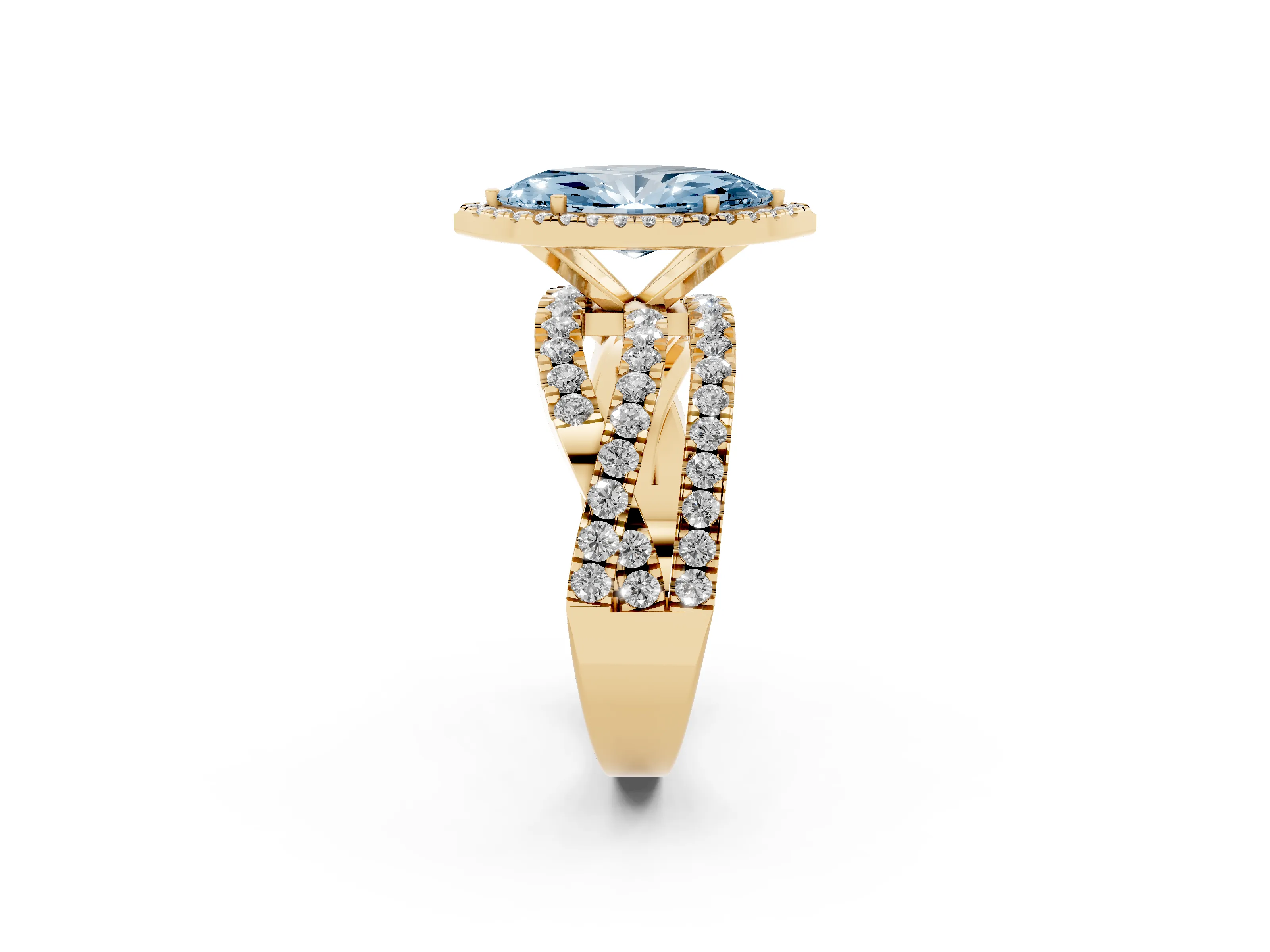 Fancy Blue Marquise Cut Diamond Halo Ring Set in Yellow gold with Round Crossover Split Shank and Prong Setting