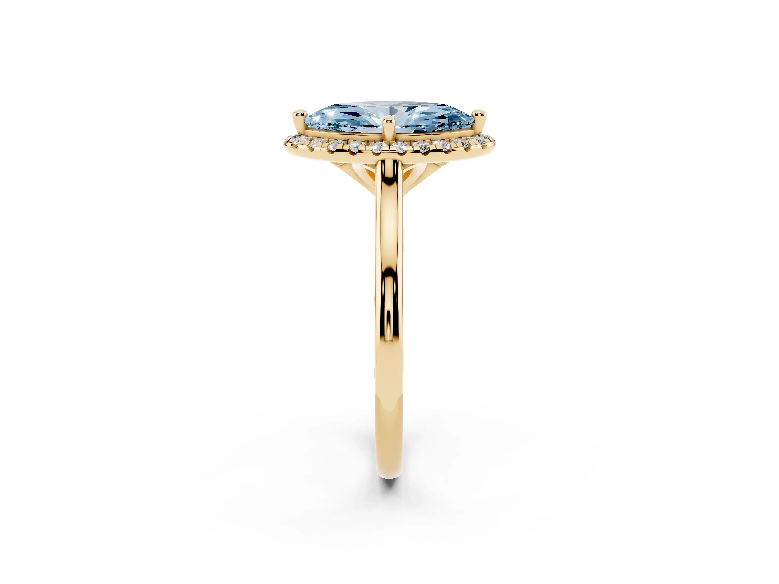 Fancy Blue Marquise Cut Diamond Halo Engagement Ring Set in Yellow gold with Pavé Band and Rising Shoulders