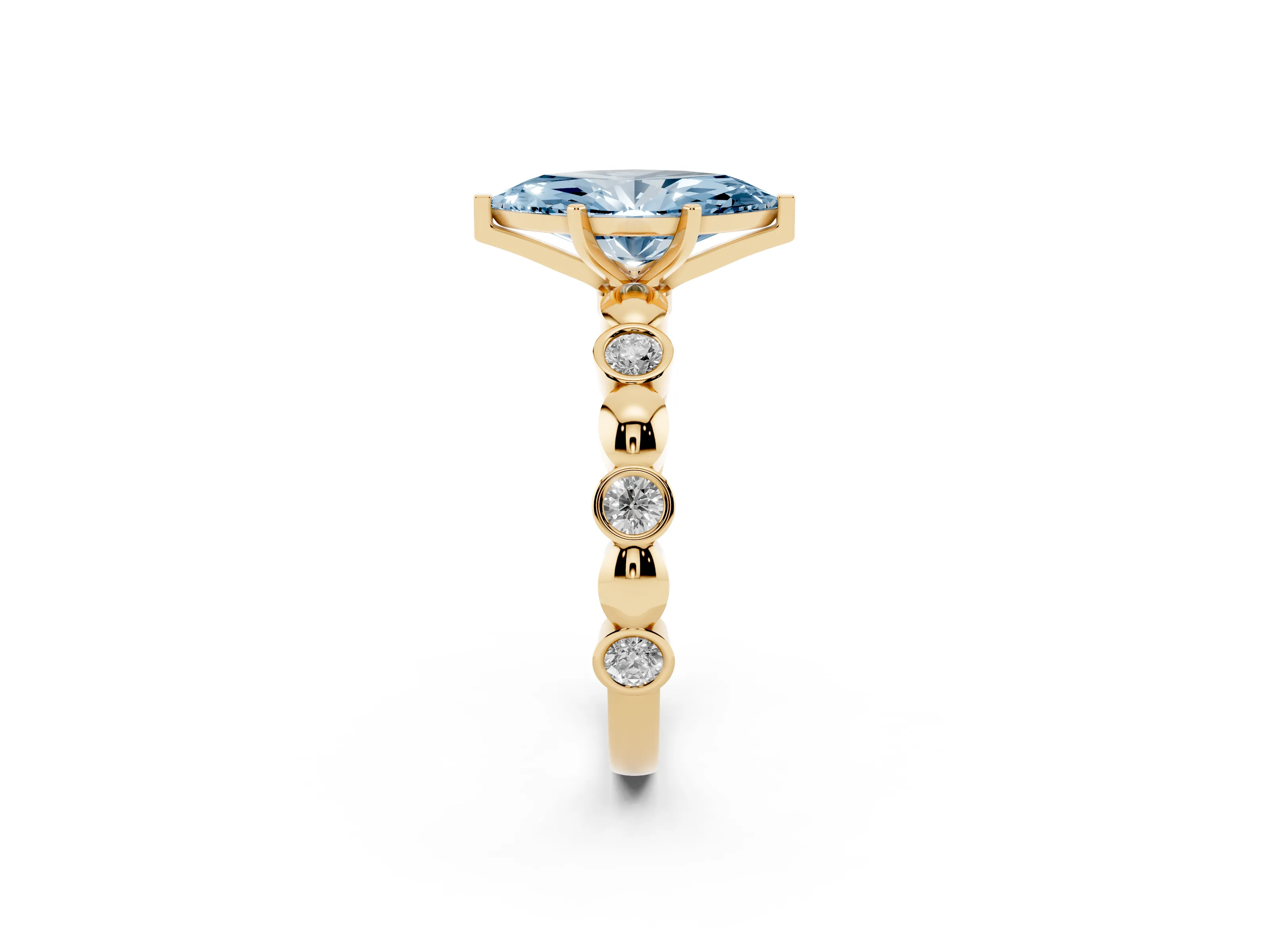 Fancy Blue Marquise Cut Diamond Solitaire Ring Set in Yellow gold with Bezel-Set Accents on Beaded Band and Prong Setting