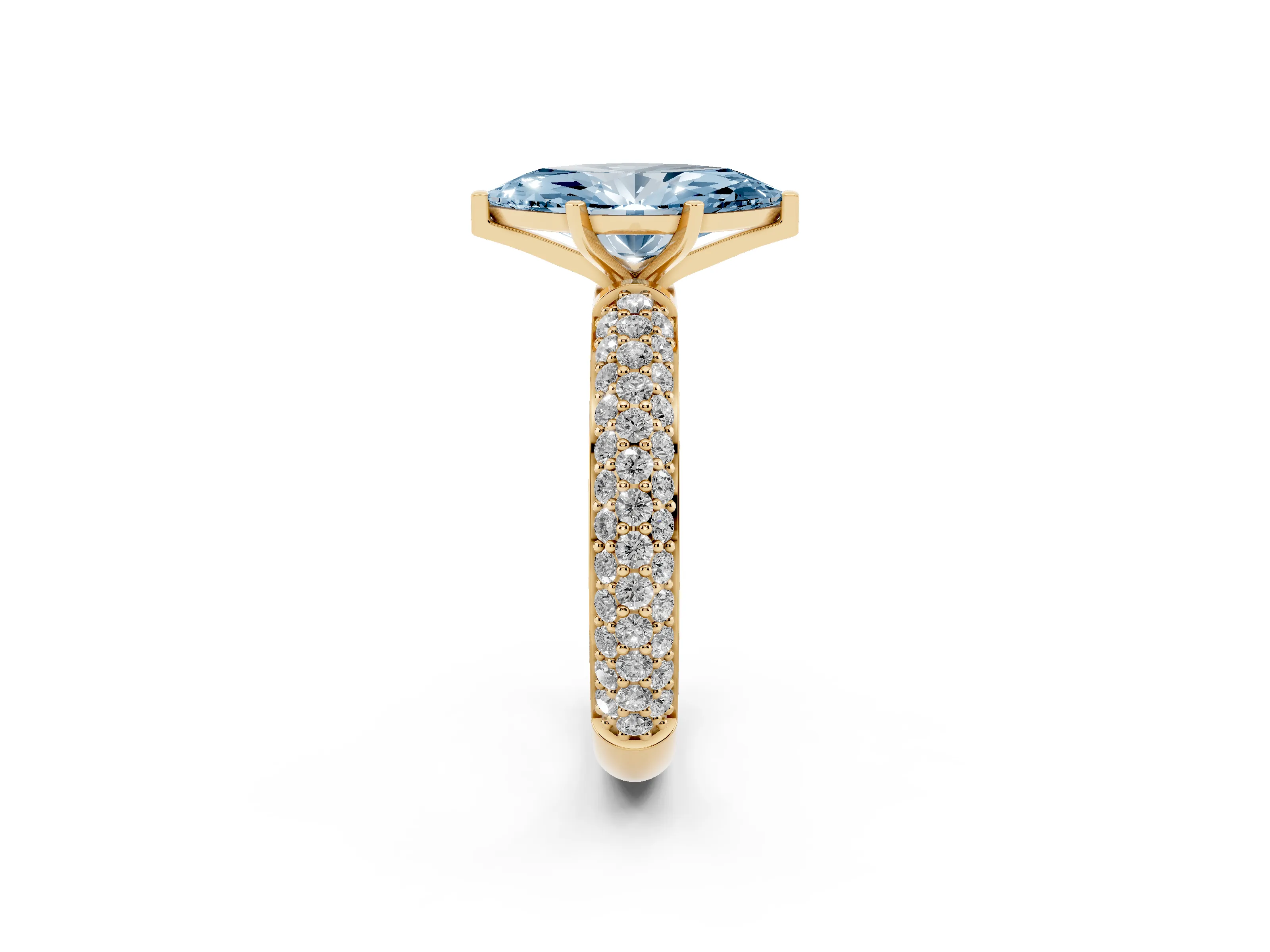 Fancy Blue Marquise Cut Diamond Solitaire Ring Set in Yellow gold with Prong Setting and Pavé-Set Band