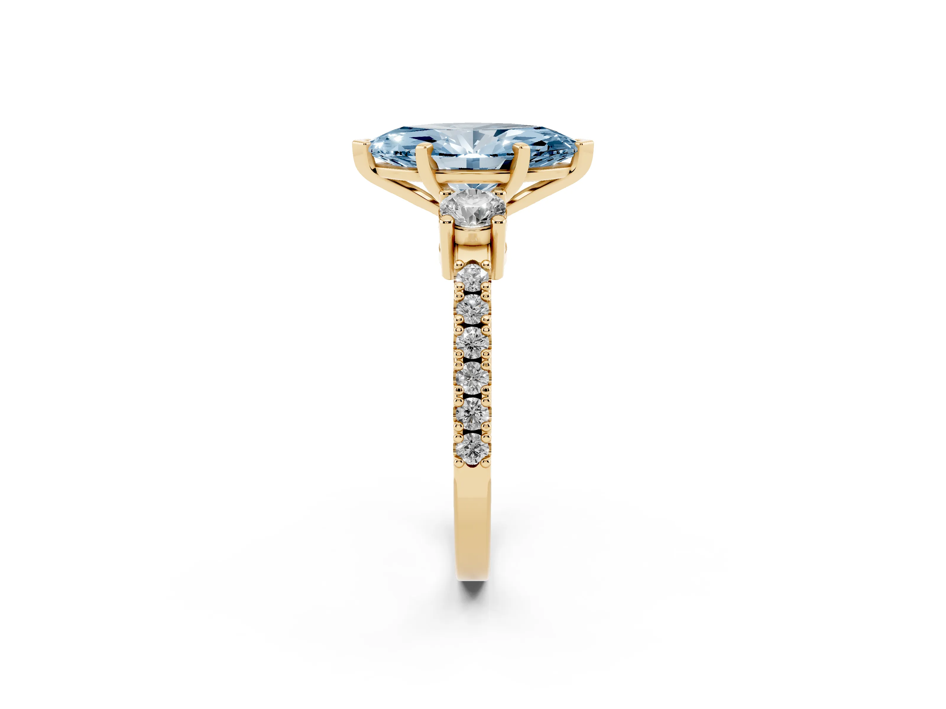 Fancy Blue Three-Stone Marquise Cut Diamond Pavé Band Ring Set in Yellow gold with Prong Setting
