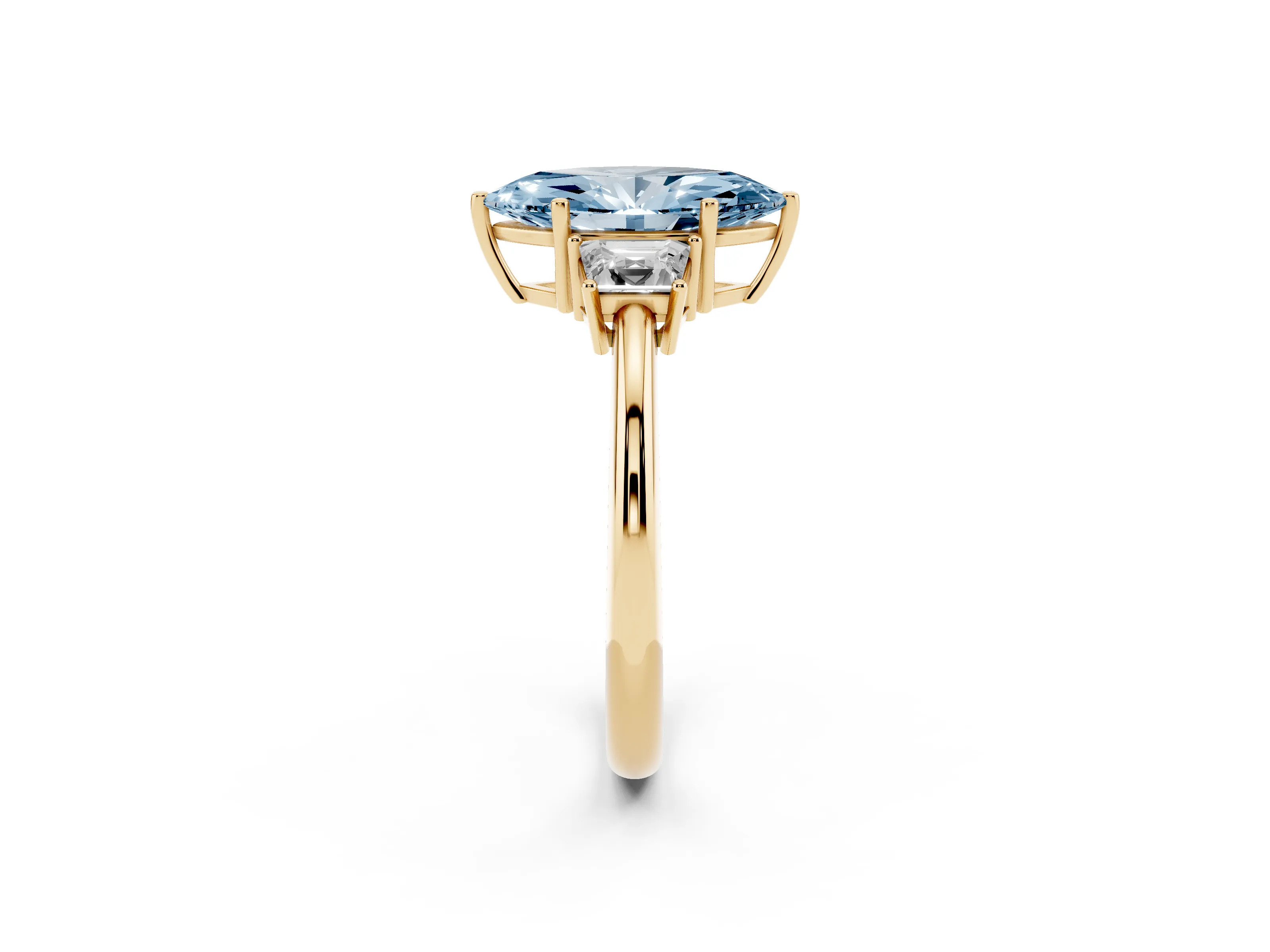 Fancy Blue Marquise Cut Diamond Three-Stone Ring Set in Yellow gold with Trapezoid Side Stones and Prong Setting
