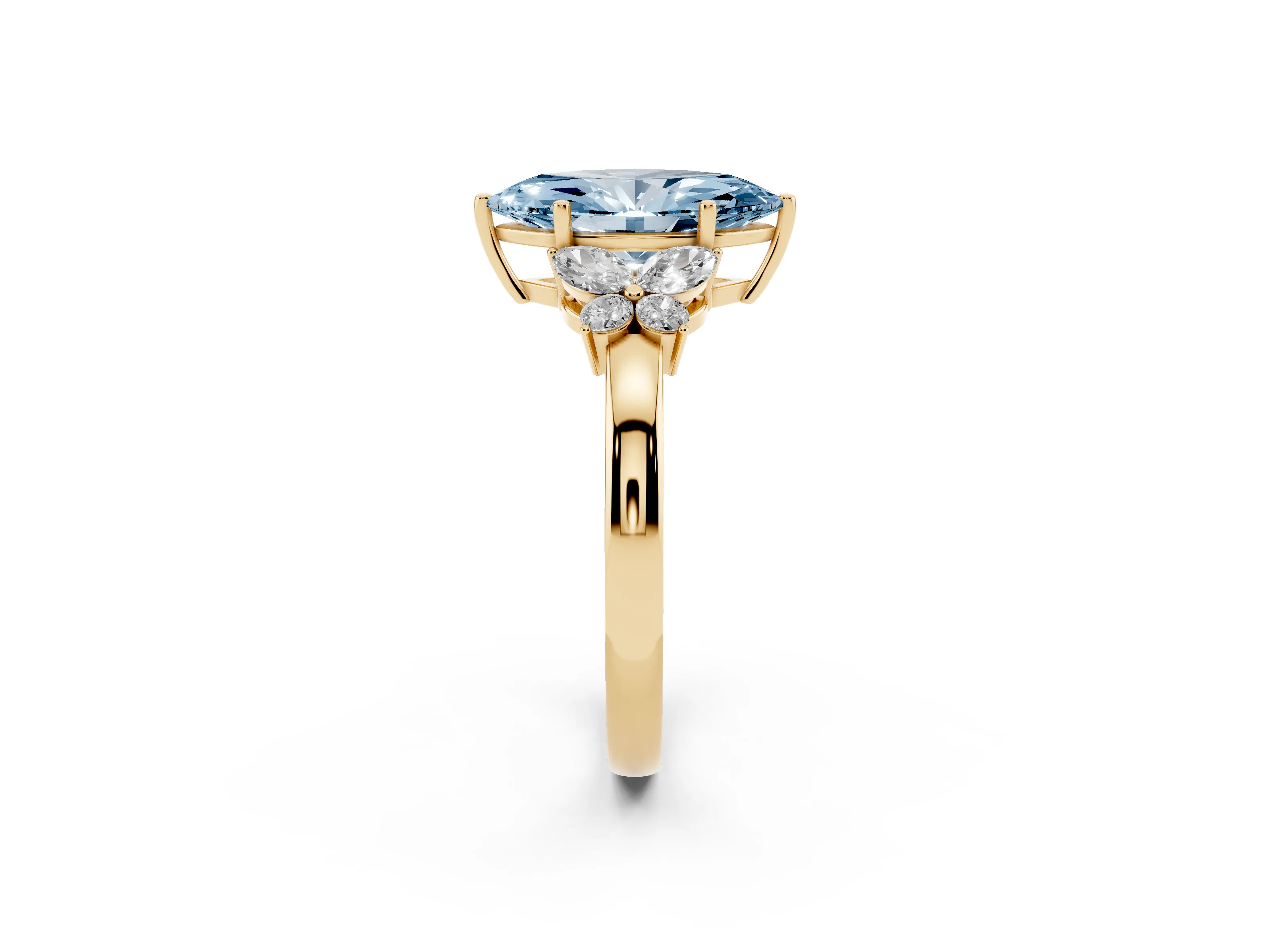 Fancy Blue Marquise Cut Diamond Solitaire Floral Ring Set in Yellow gold with Marquise Petals and Prong Setting