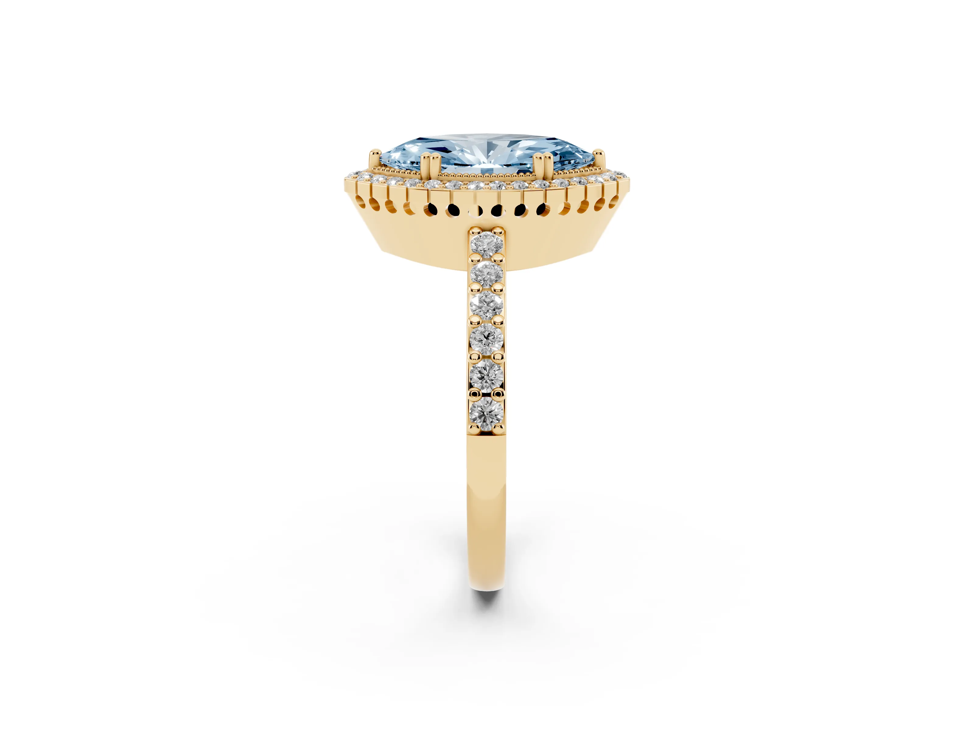 Fancy Blue Marquise Cut Diamond Halo Engagement Ring Set in Yellow gold with Milgrain Detail and Pavé Band