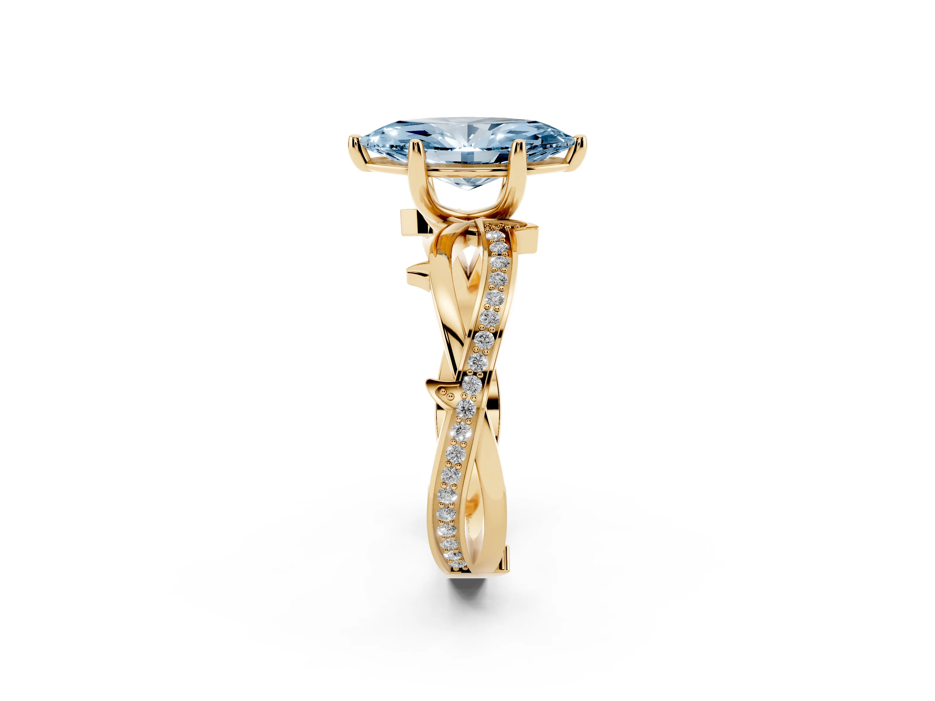 Fancy Blue Marquise Cut Diamond Pavé Twist Band Solitaire Ring Set in Yellow gold with Prong Setting