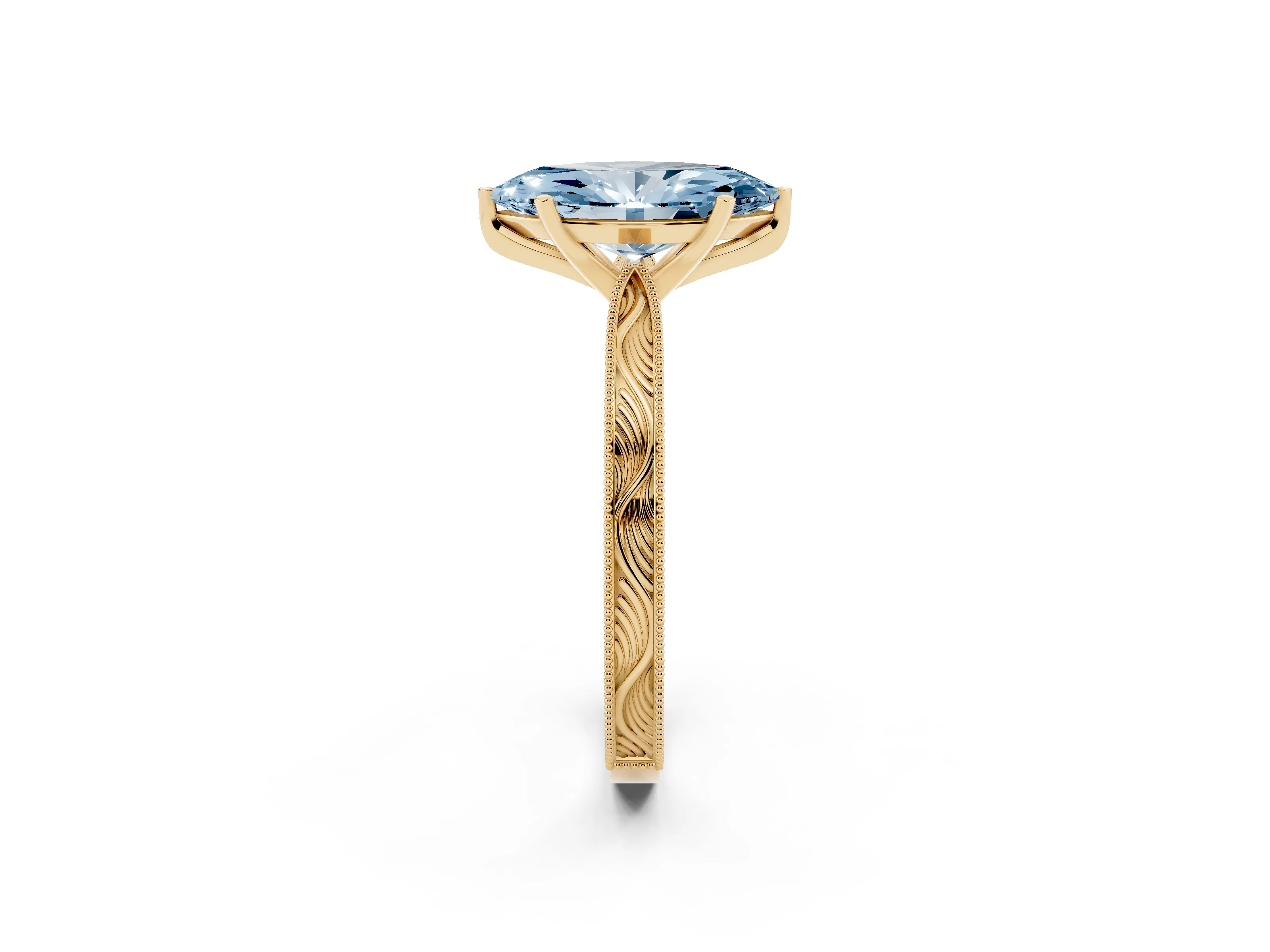 Fancy Blue Marquise Cut Diamond Solitaire Milgrain Engraved Band Set in Yellow gold with Prong Setting