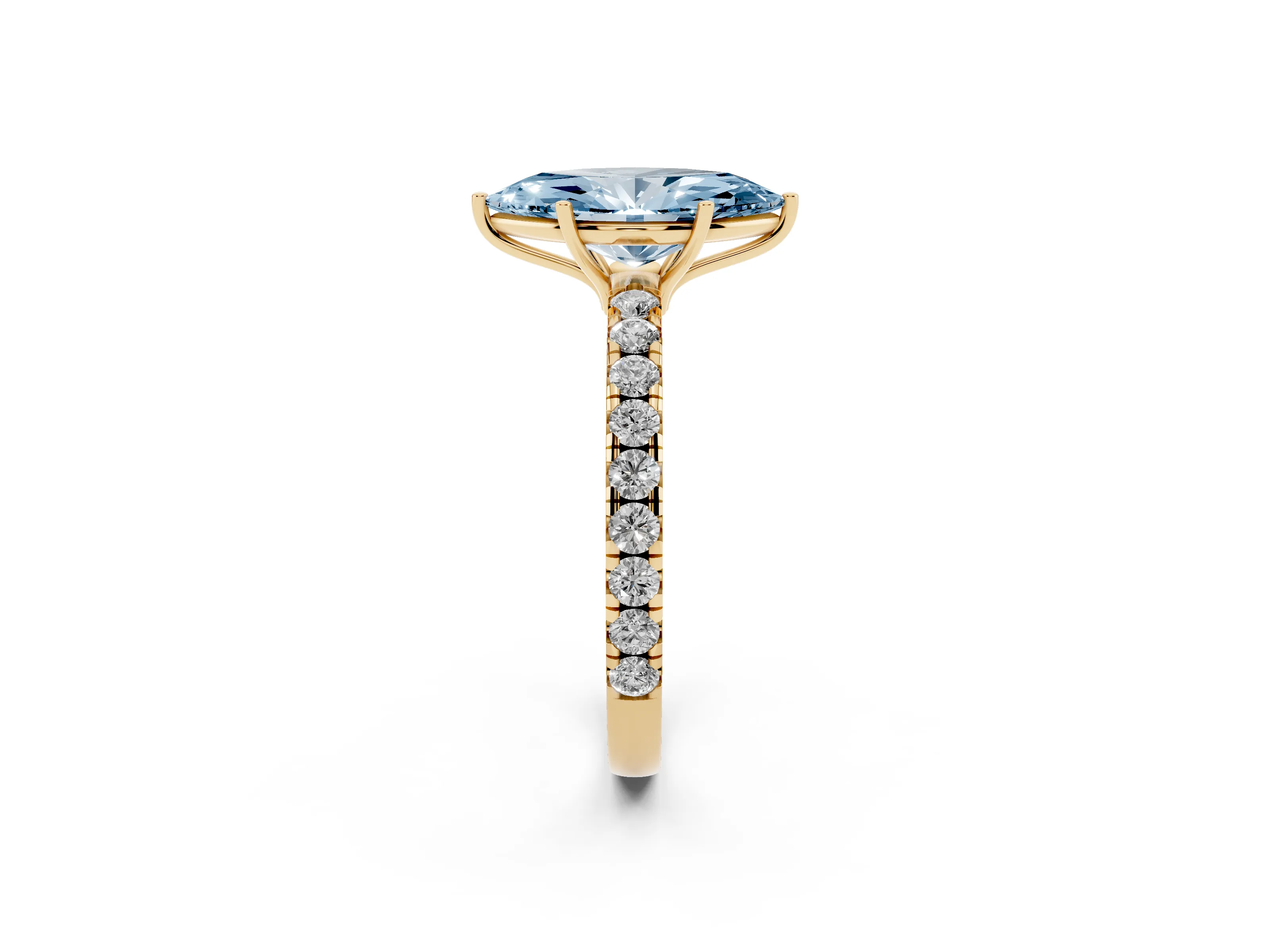 Fancy Blue Marquise Cut Diamond Pavé Solitaire Engagement Ring Set in Yellow gold with Prong Setting