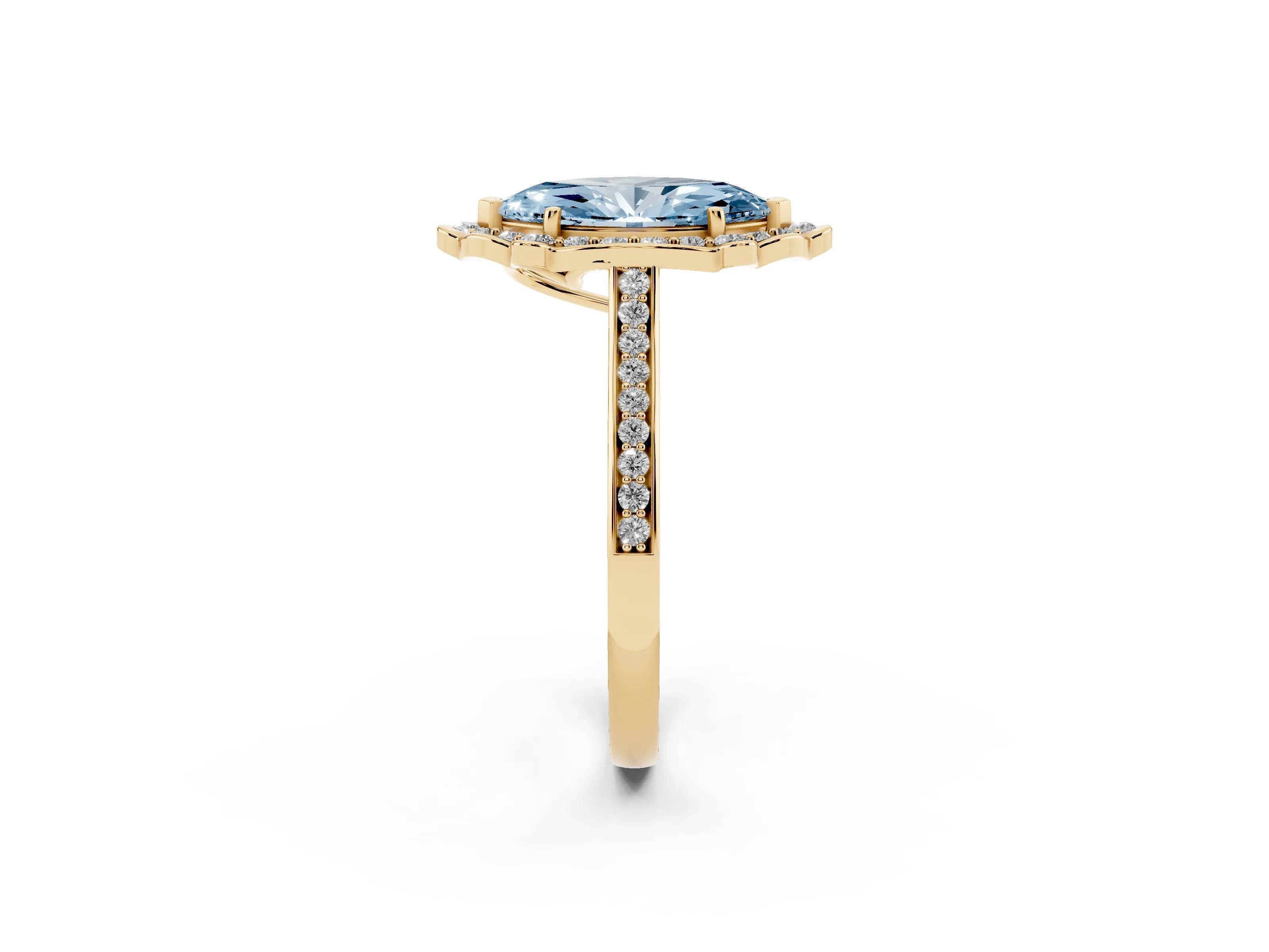 Fancy Blue Marquise Cut Diamond Halo Ring Set in Yellow gold with Pavé-Lined Shoulders and Prong Setting
