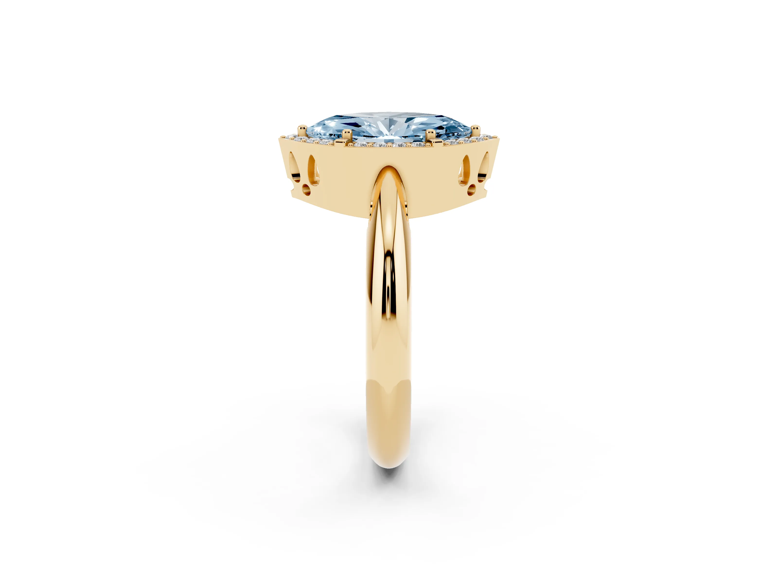 Fancy Blue Marquise Cut Diamond Halo Engagement Ring Set in Yellow gold with Plain Split Shank and Prong Setting