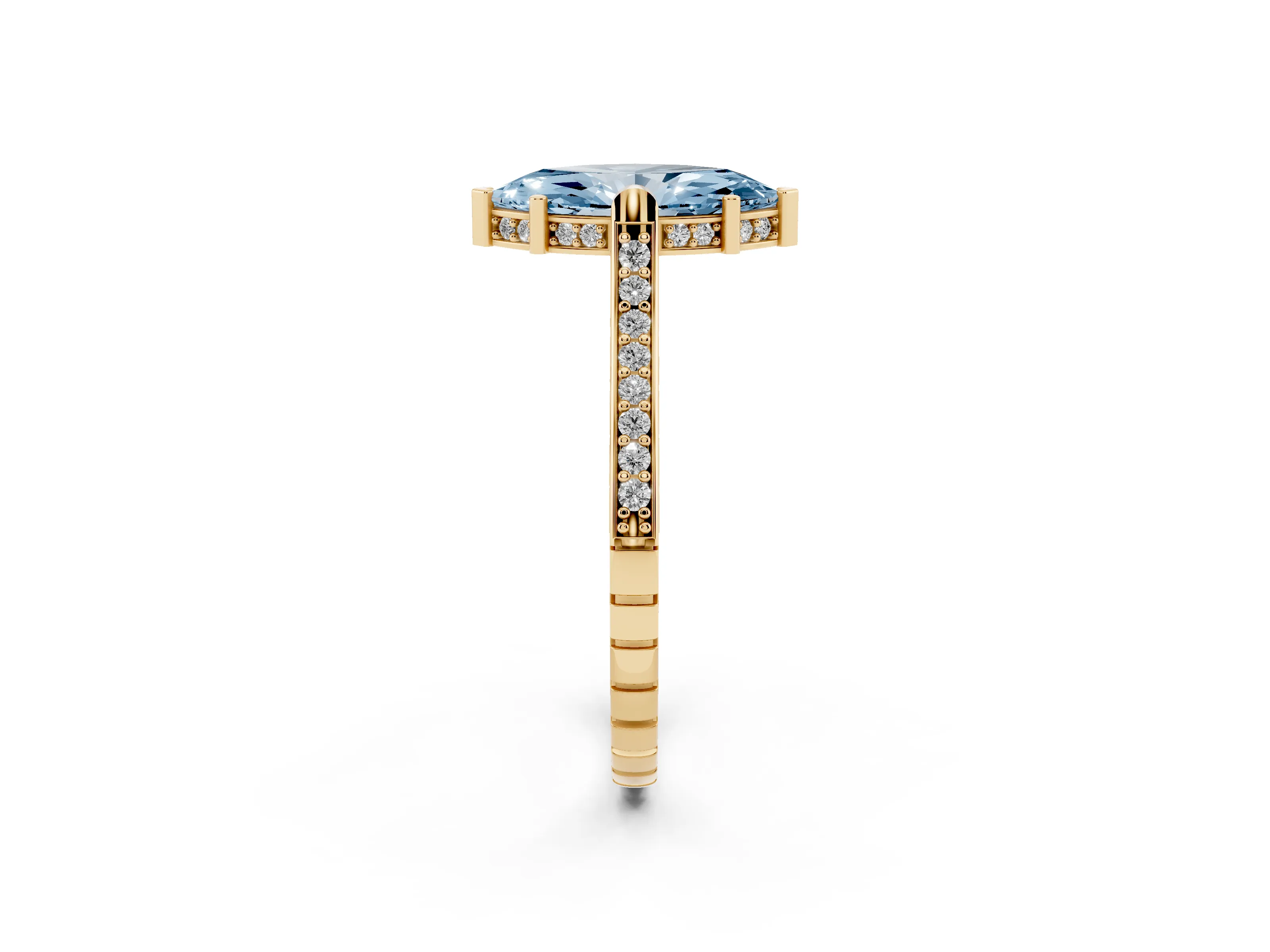 Fancy Blue Marquise Cut Diamond Solitaire Ring Set in Yellow gold with Channel Set Band and Bezel Prong Setting
