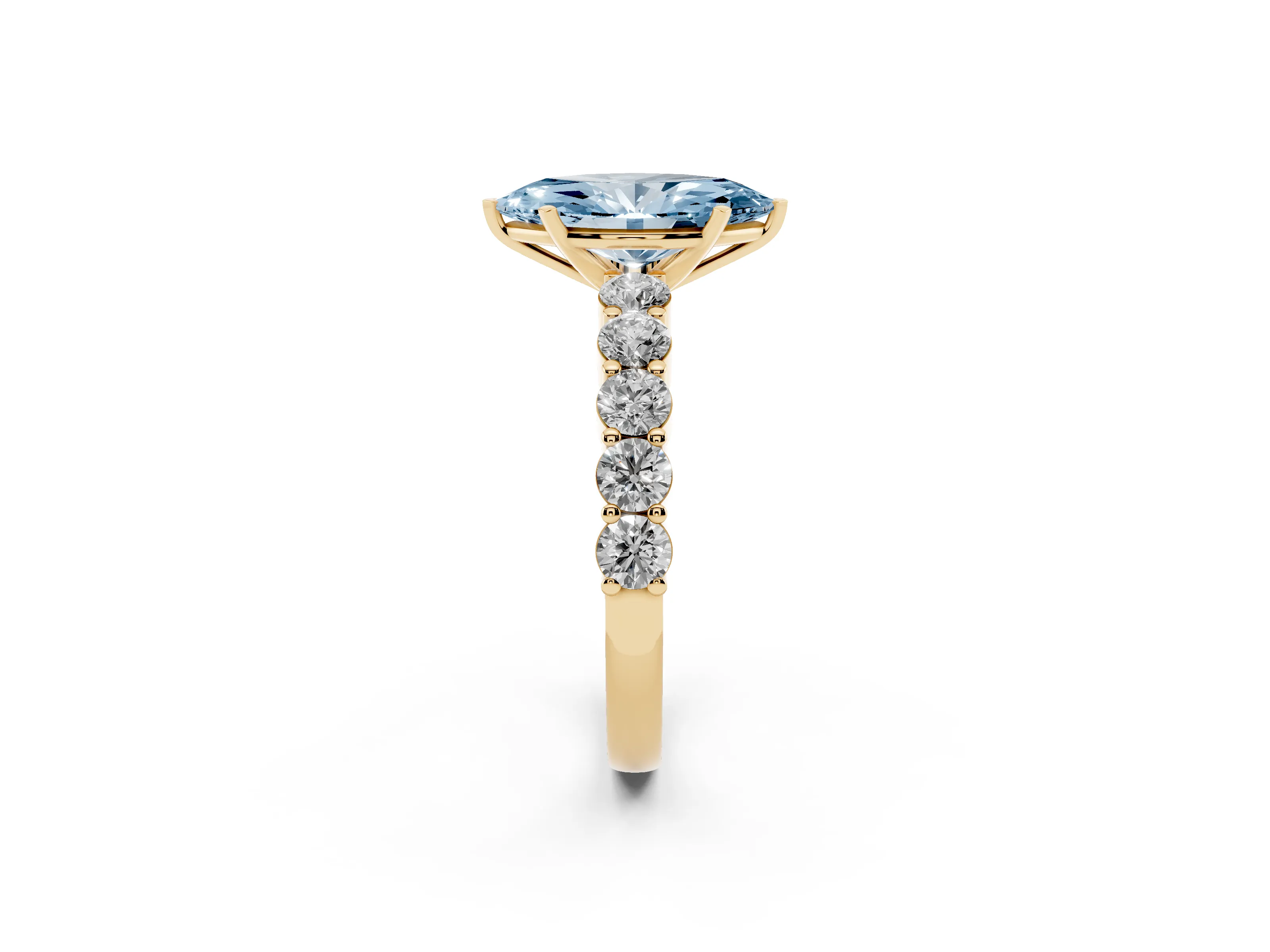 Fancy Blue Marquise Cut Diamond Solitaire Ring Set in Yellow gold with Shared Prong Round Side Stones