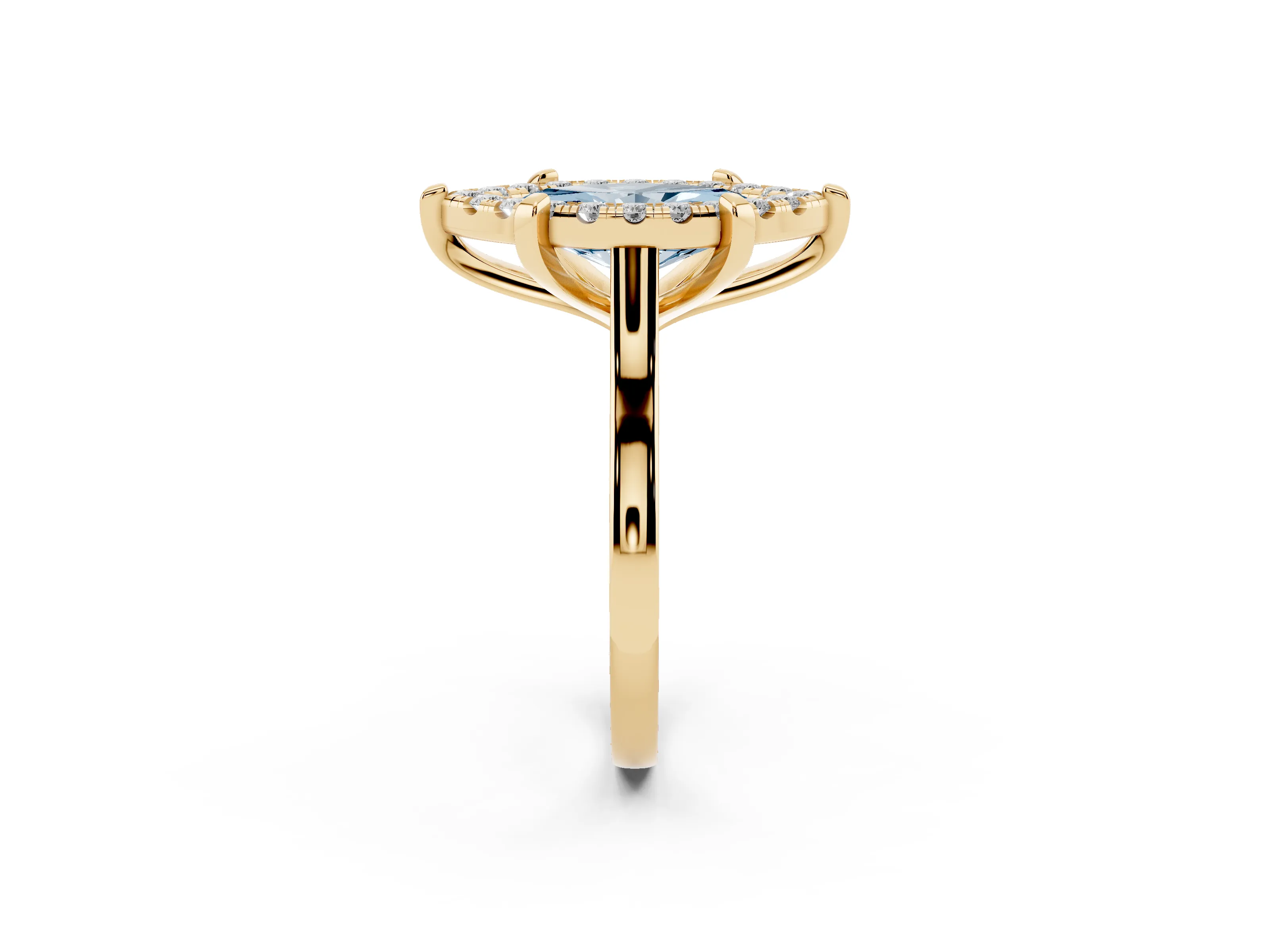 Fancy Blue Marquise Cut Diamond Cluster Halo Solitaire Ring Set in Yellow gold with Prong Setting