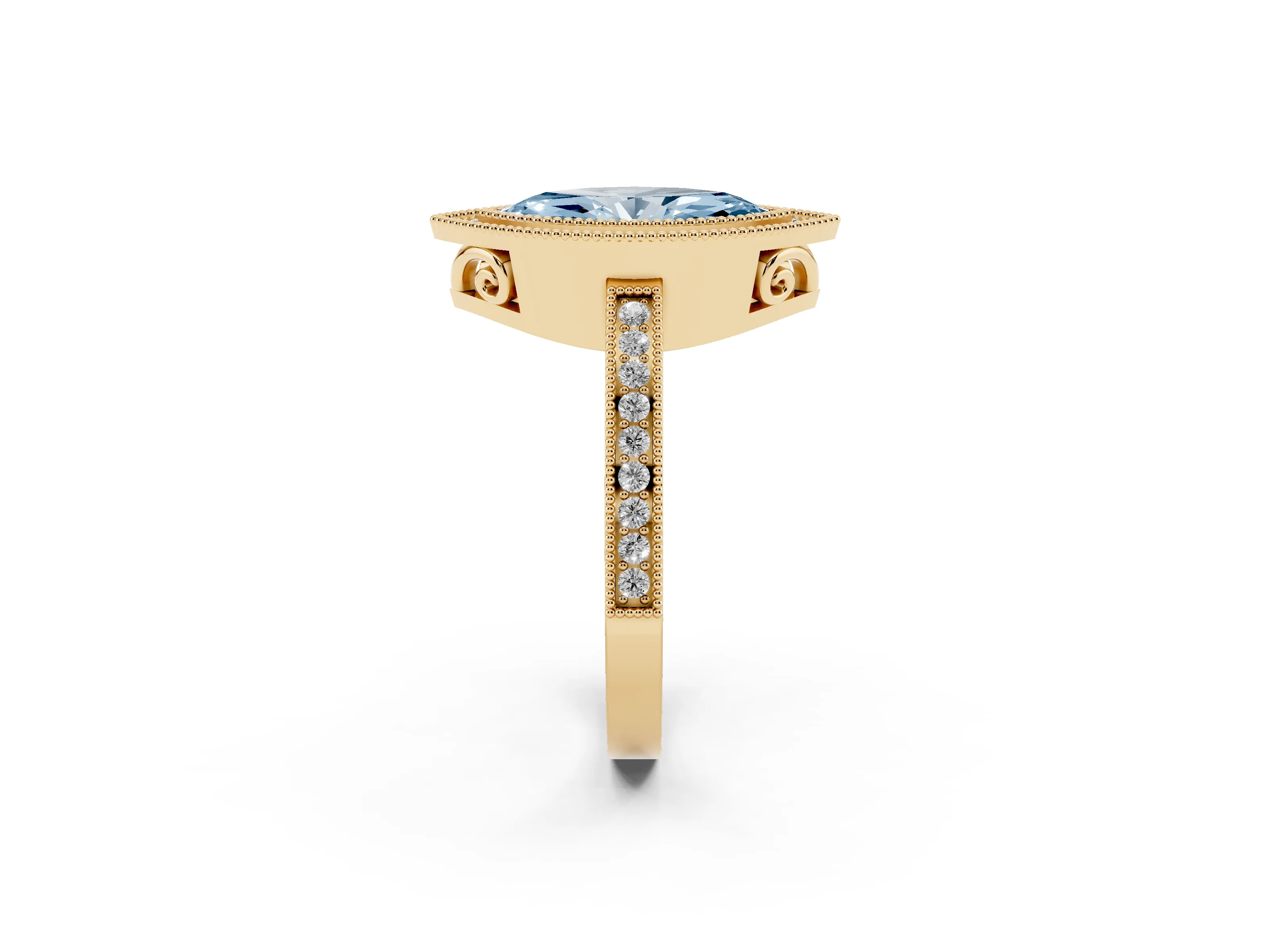 Fancy Blue Marquise Cut Diamond Halo Ring Set in Yellow gold with Pavé Band and Milgrain-Edged Prongs