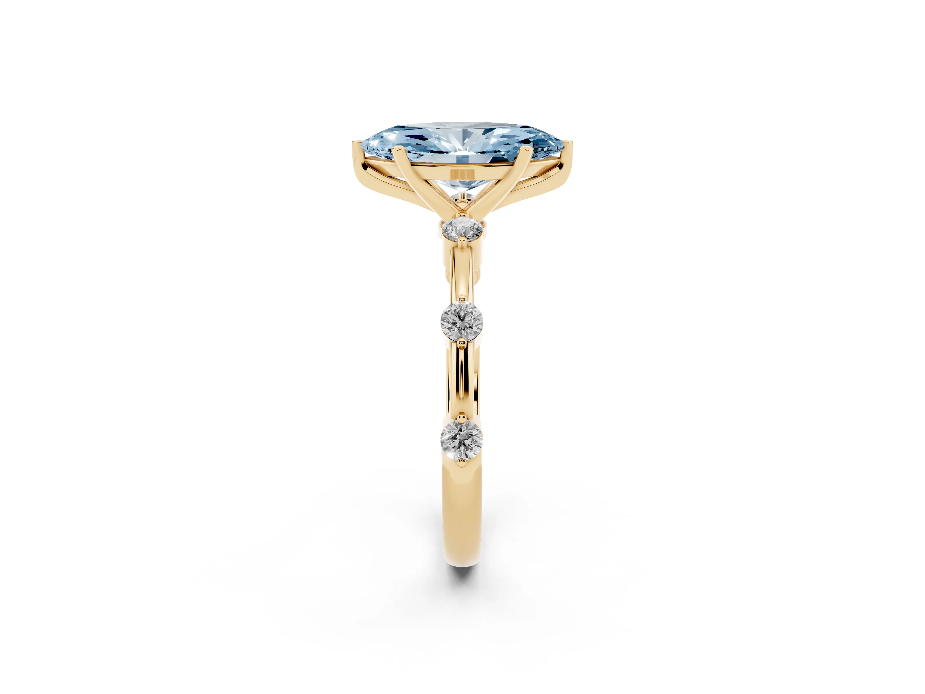 Fancy Blue Marquise Cut Diamond Solitaire Ring Set in Yellow gold with Bezel Set Side Stones and Prong Setting