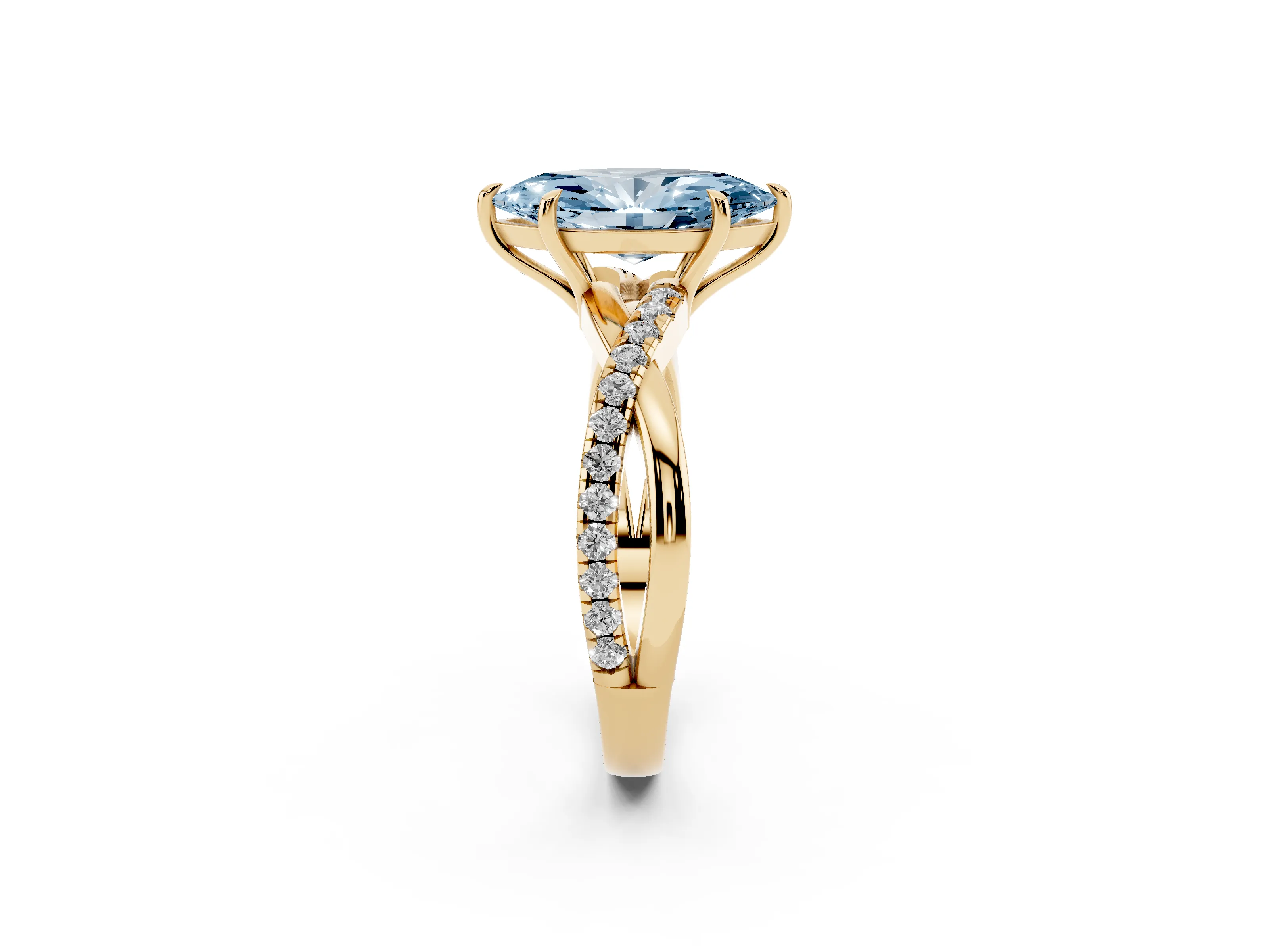 Fancy Blue Marquise Cut Diamond Twisted Pavé Band Ring Set in Yellow gold with Prong Setting