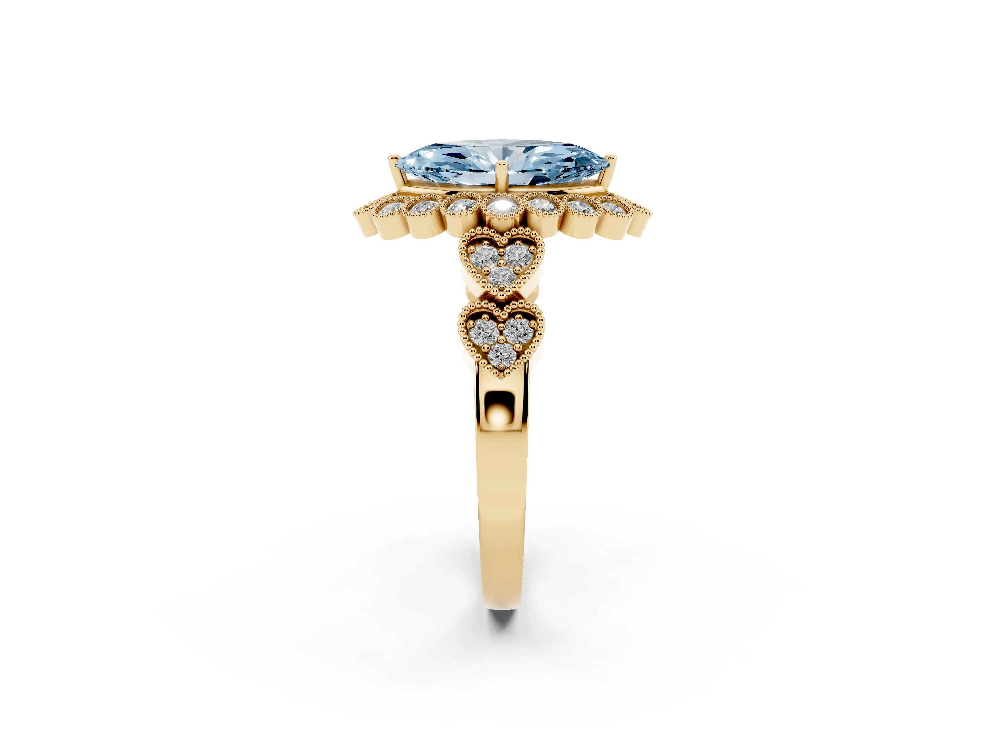 Fancy Blue Marquise Cut Diamond Solitaire Ring Set in Yellow gold with Milgrain Pavé Heart Band