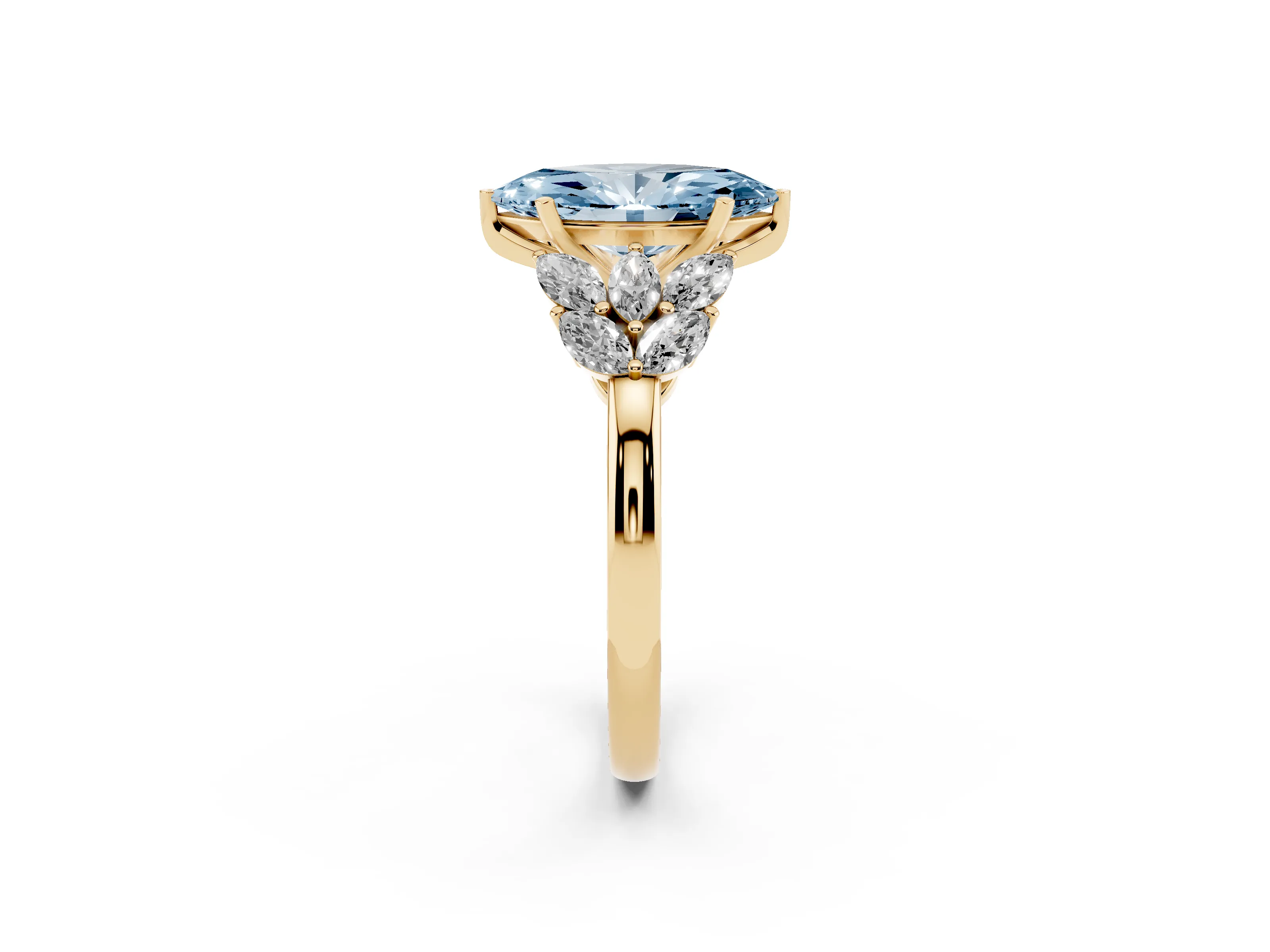 Fancy Blue Marquise Cut Diamond Cluster Leaf Design Ring Set in Yellow gold with Prong Setting