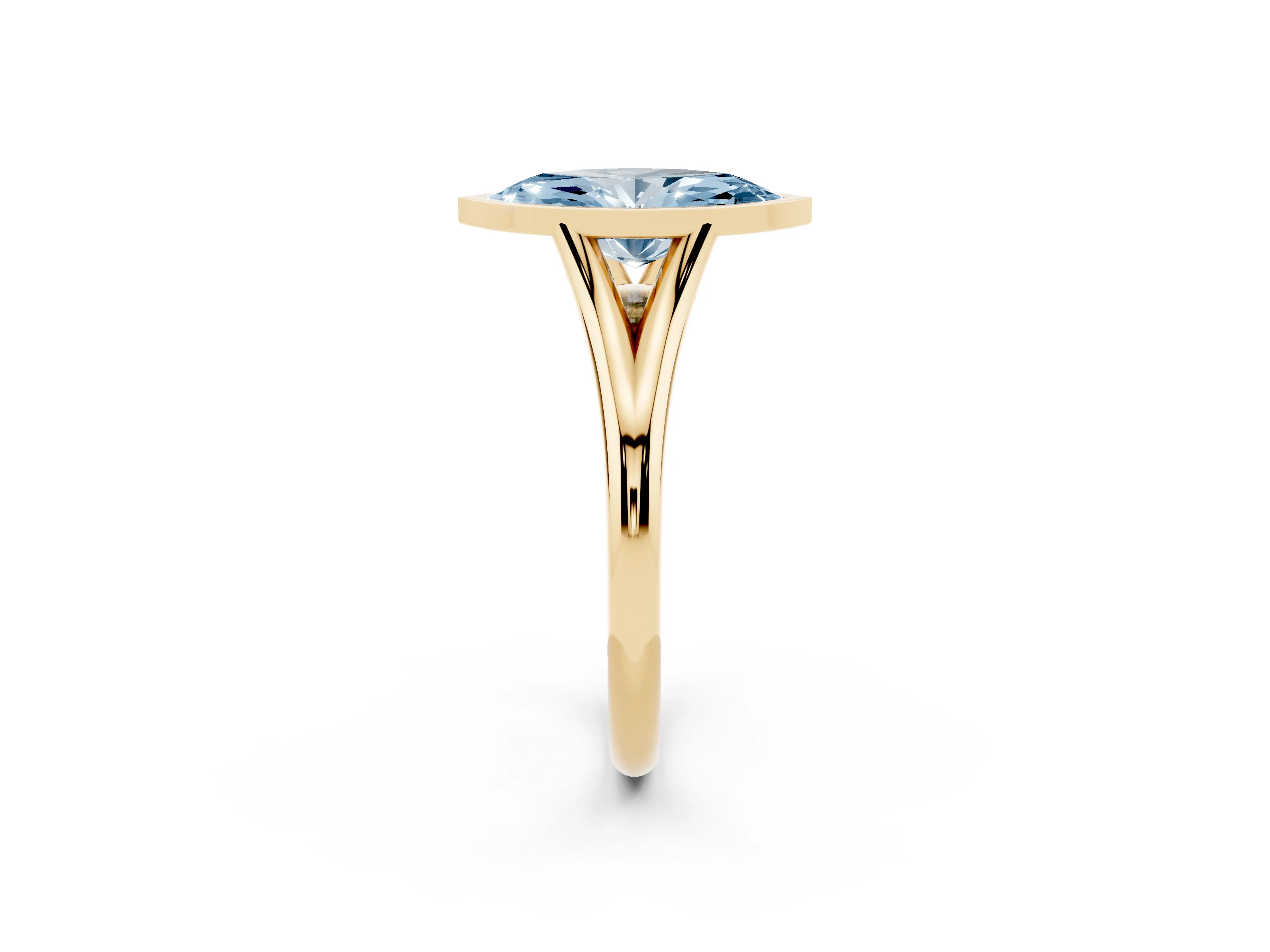 Fancy Blue Bezel Set Marquise Cut Diamond Solitaire Ring Set in Yellow gold with Tapered Band