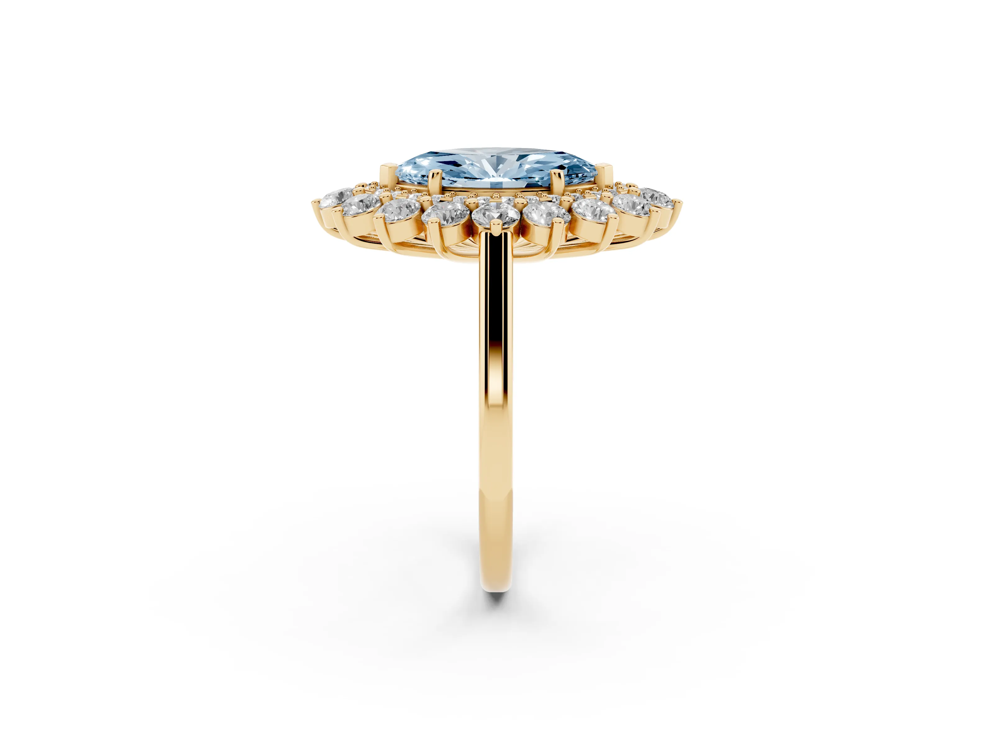 Fancy Blue Marquise Cut Diamond Floral Double Halo Ring Set in Yellow gold with Round Petals
