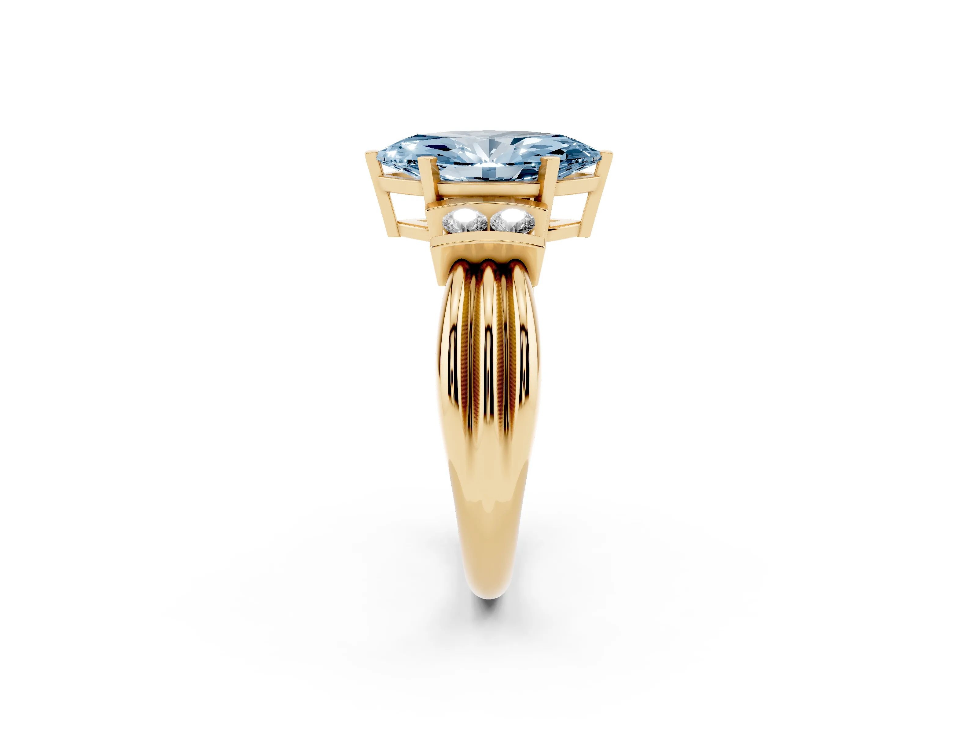 Fancy Blue Three-Stone Marquise Cut Diamond Channel Set Ring Set in Yellow gold with Bar Prongs