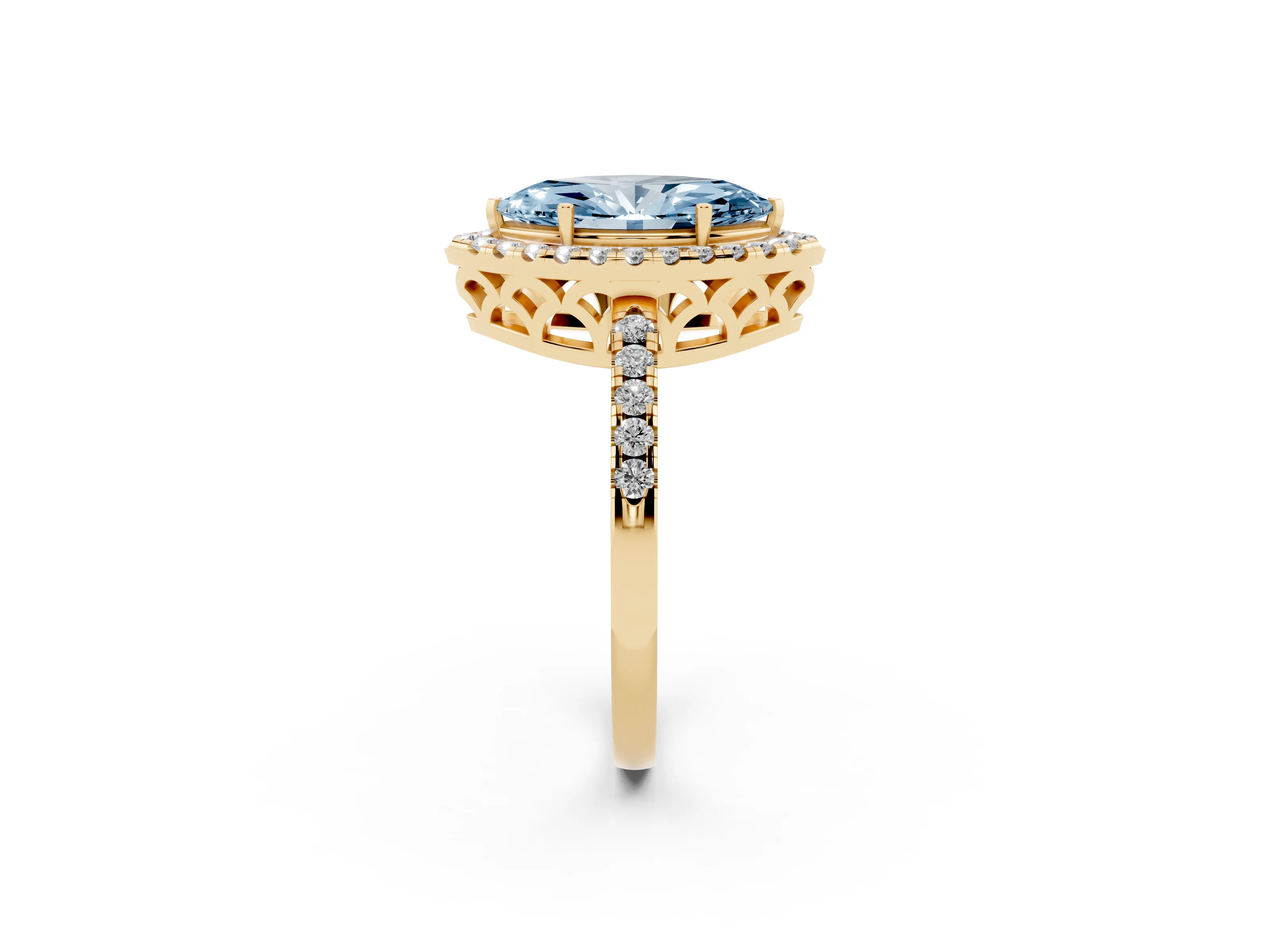 Fancy Blue Marquise Cut Diamond Pavé Band Halo Engagement Ring Set in Yellow gold with Prong Setting