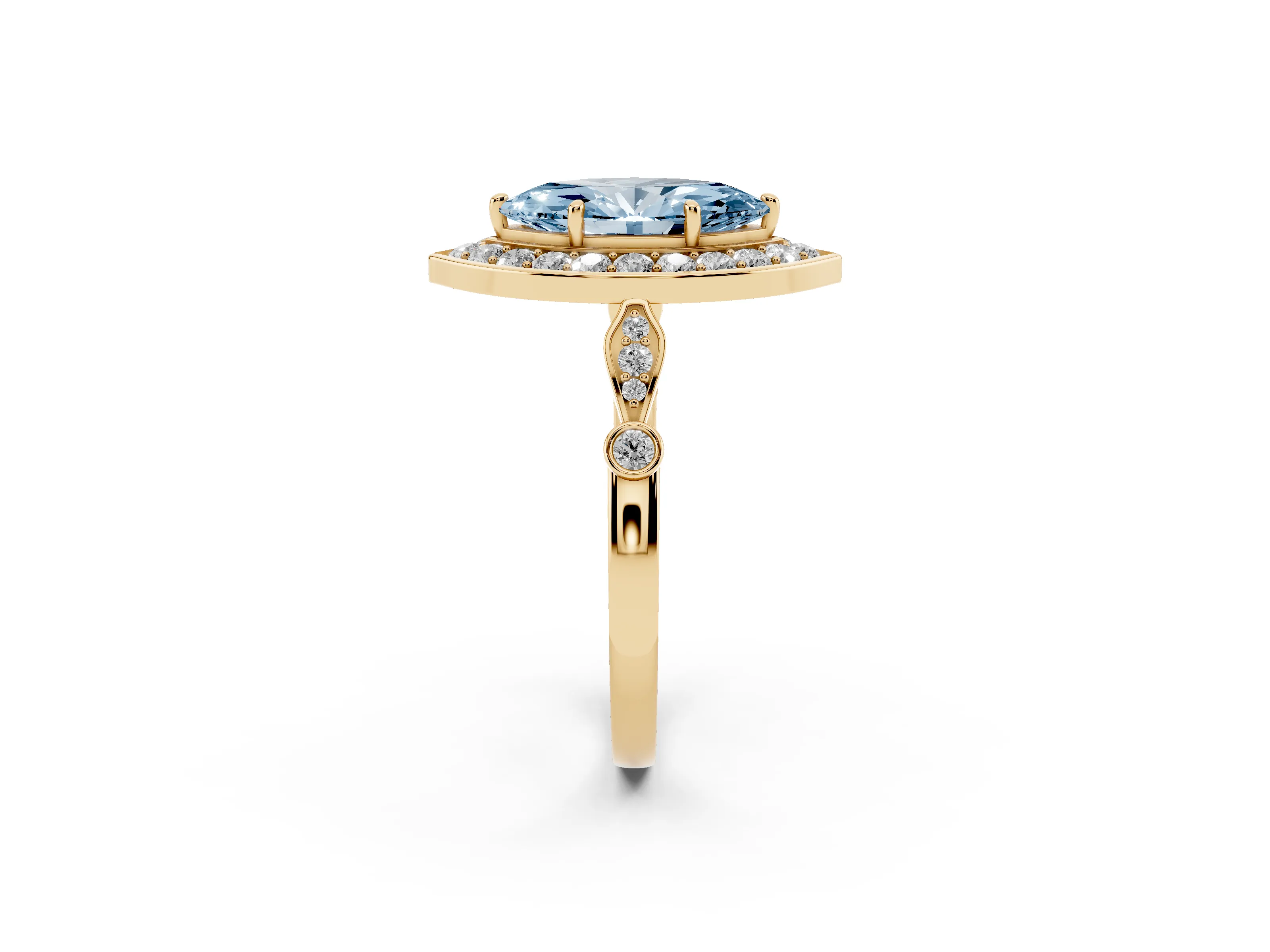 Fancy Blue Marquise Cut Diamond Halo Engagement Ring Set in Yellow gold with Twisted Band and Prong Setting
