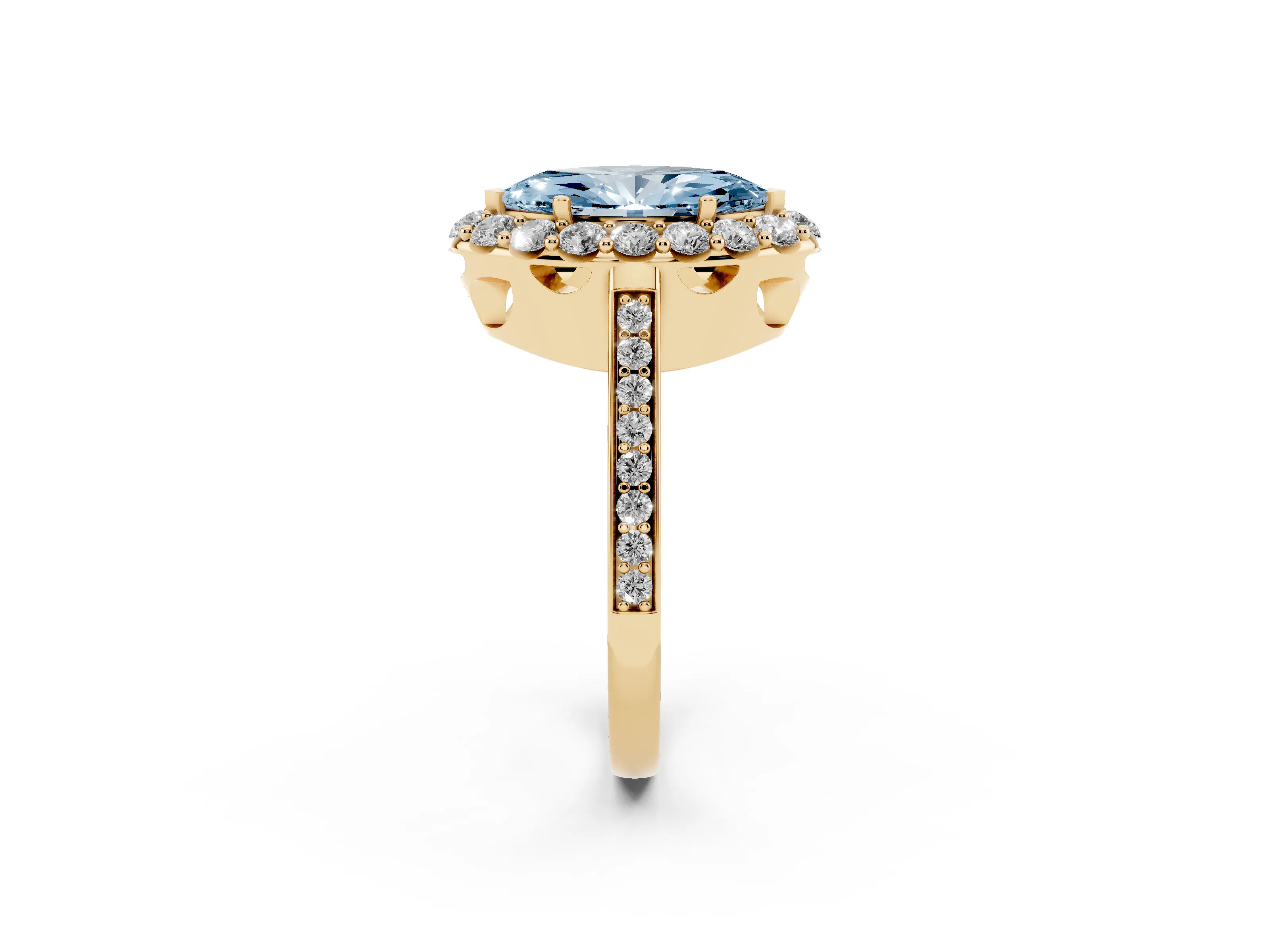 Fancy Blue Marquise Cut Diamond Floral Halo Ring Set in Yellow gold with Pavé Band and Prong Setting