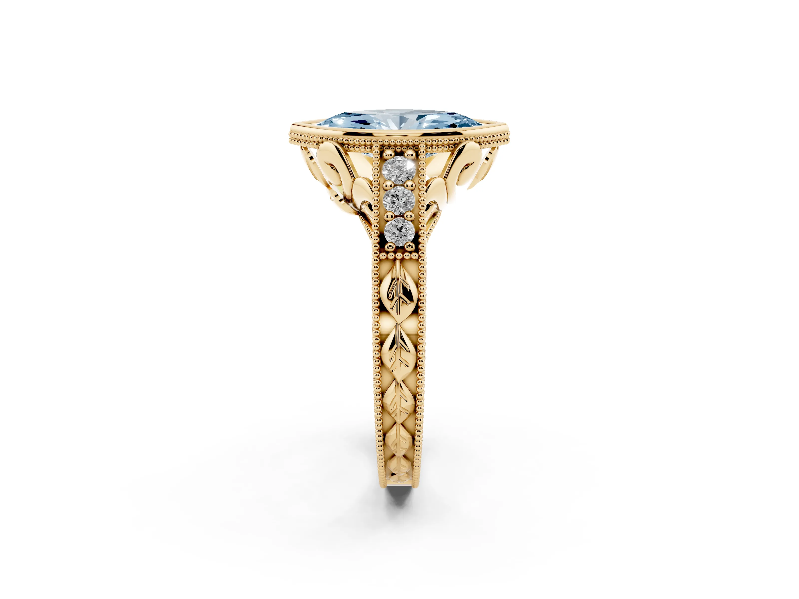 Fancy Blue Bezel Set Marquise Cut Diamond Milgrain Pavé Engagement Ring Set in Yellow gold