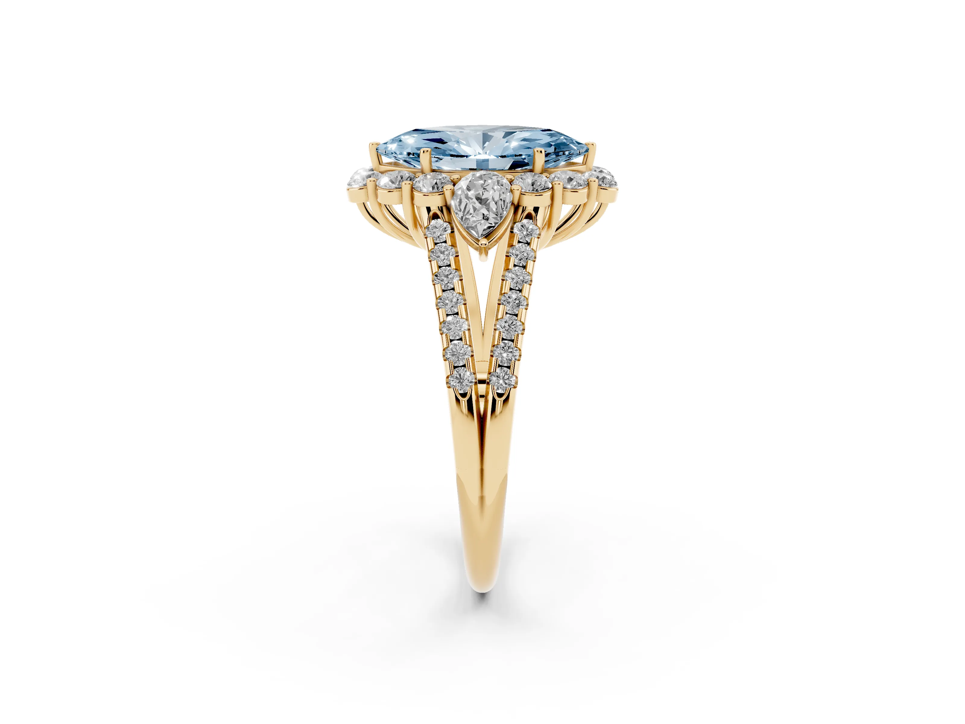 Fancy Blue Marquise Cut Diamond Halo Split Shank Engagement Ring Set in Yellow gold with Prong-Held Center Stone
