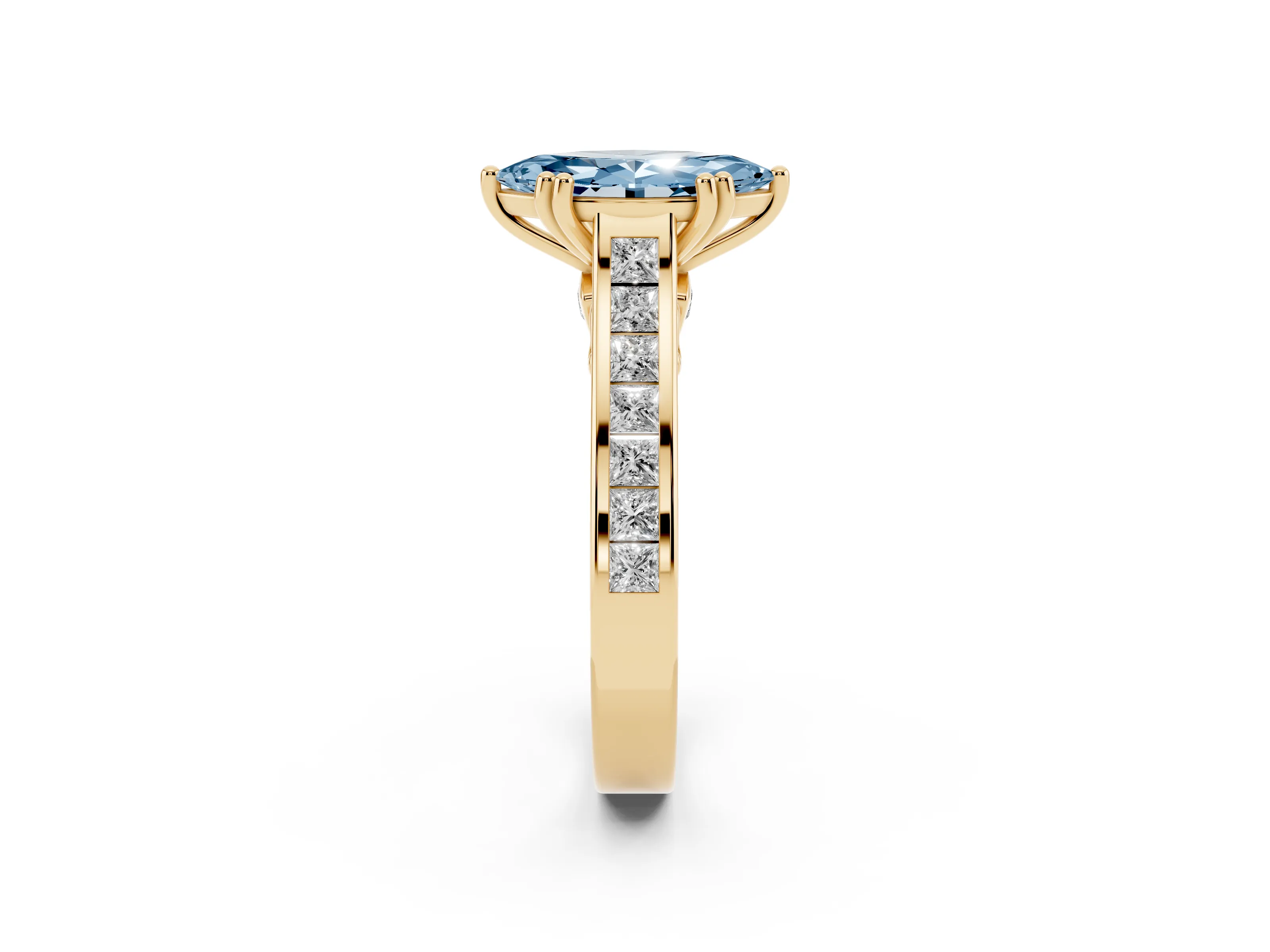 Fancy Blue Marquise Cut Diamond Channel Set Solitaire Engagement Ring Set in Yellow gold with Prong Setting