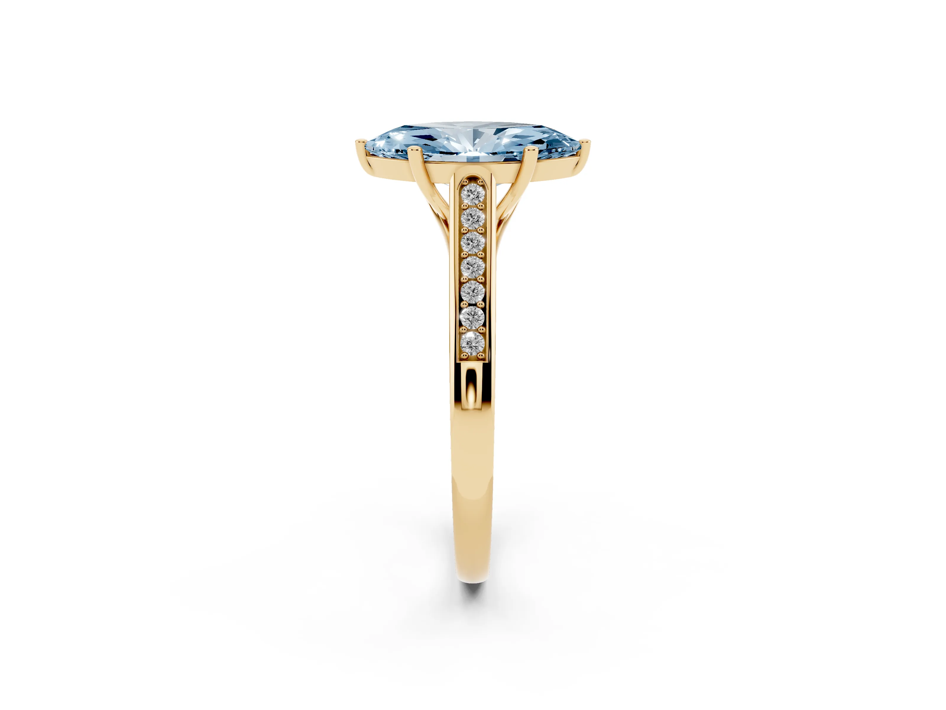 Fancy Blue Marquise Cut Diamond Solitaire Cathedral Engagement Ring Set in Yellow gold with Channel-Set Band and Prong Setting