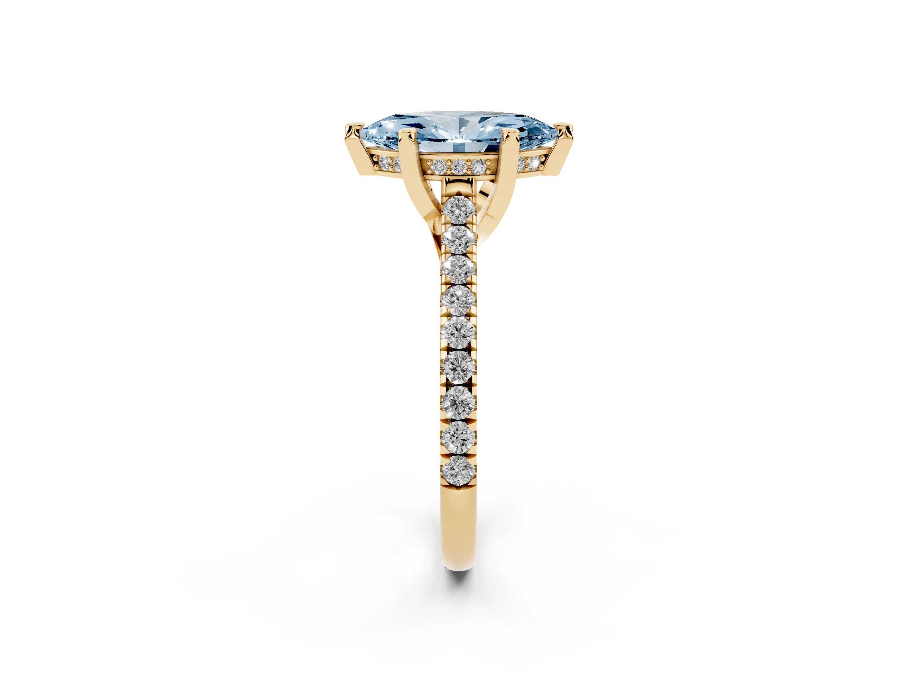 Fancy Blue Marquise Cut Diamond Solitaire Ring Set in Yellow gold with Brilliant Pavé Band and Prong Setting